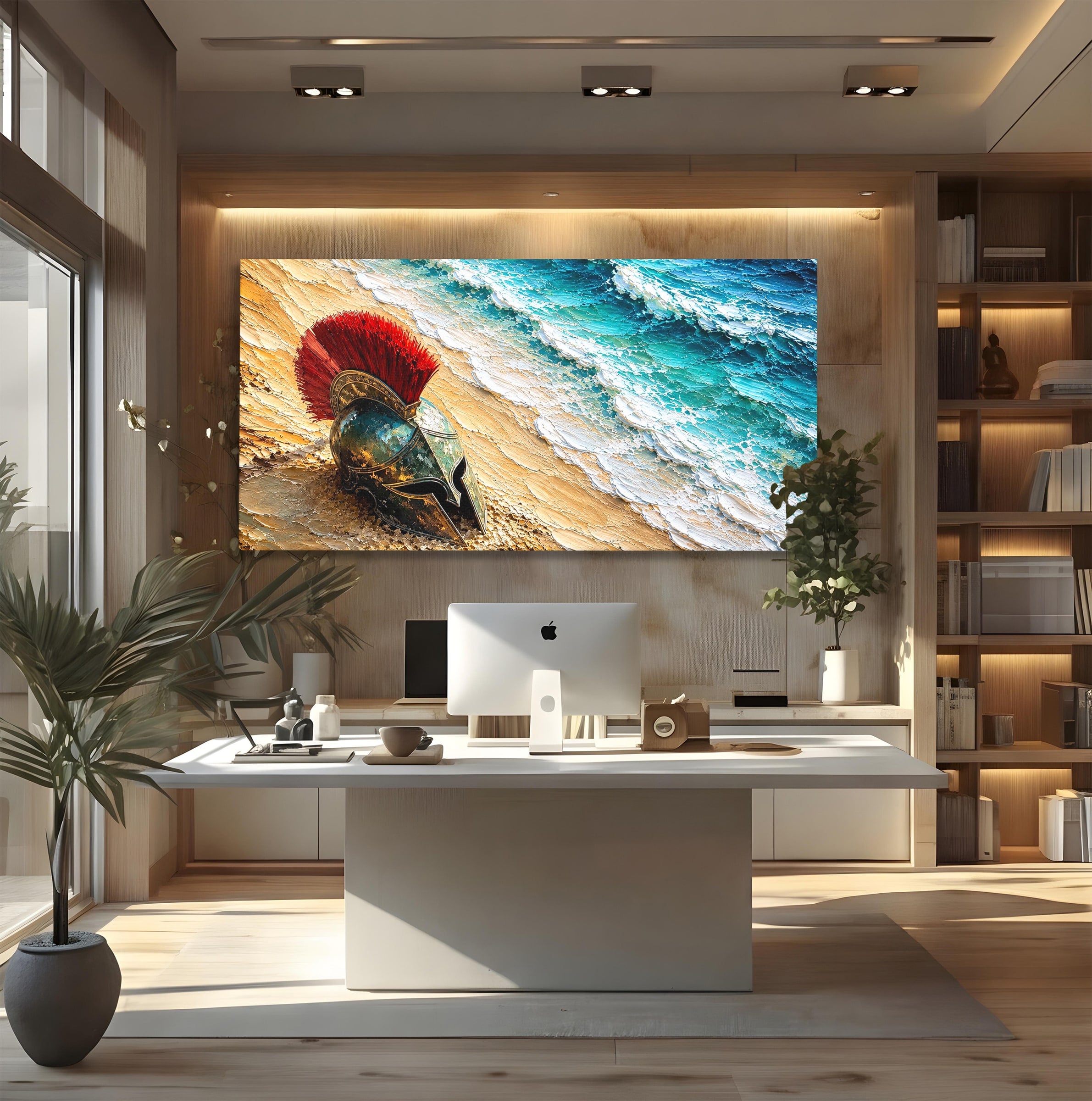Tablou Canvas Premium LuxCanva® T1028, Coiful Spartan Pe Tarm, Coif, Spartan, Mare, Istorie, Razboinic, Living, Dormitor, Culori Vibrante