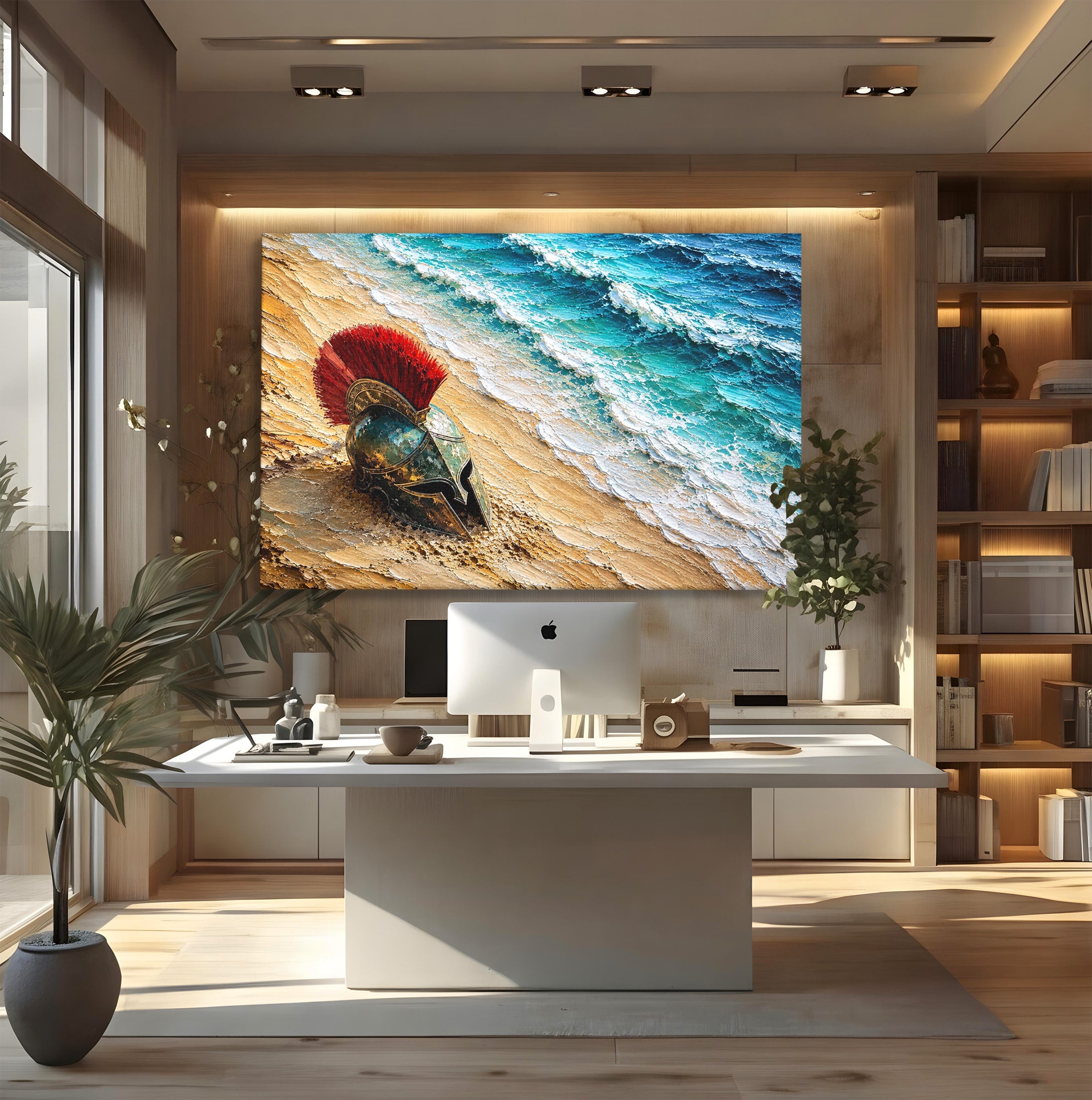 Tablou Canvas Premium LuxCanva® T1028, Coiful Spartan Pe Tarm, Coif, Spartan, Mare, Istorie, Razboinic, Living, Dormitor, Culori Vibrante