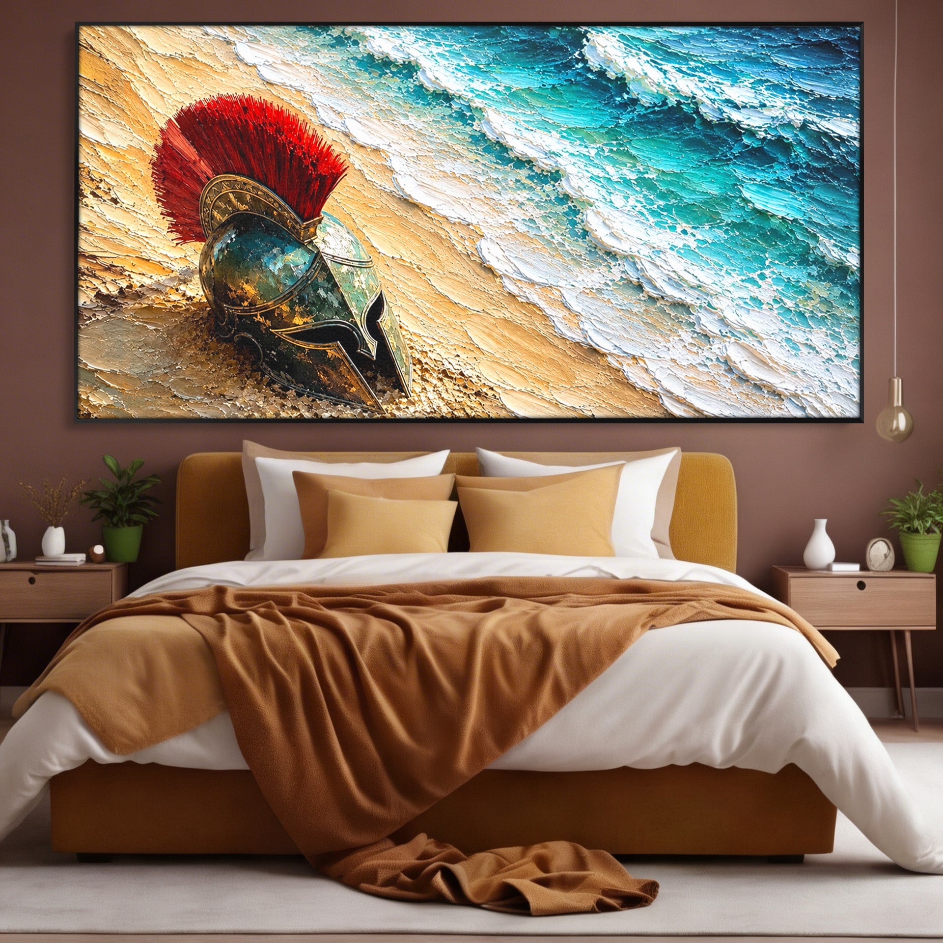 Tablou Canvas Premium LuxCanva® T1028, Coiful Spartan Pe Tarm, Coif, Spartan, Mare, Istorie, Razboinic, Living, Dormitor, Culori Vibrante