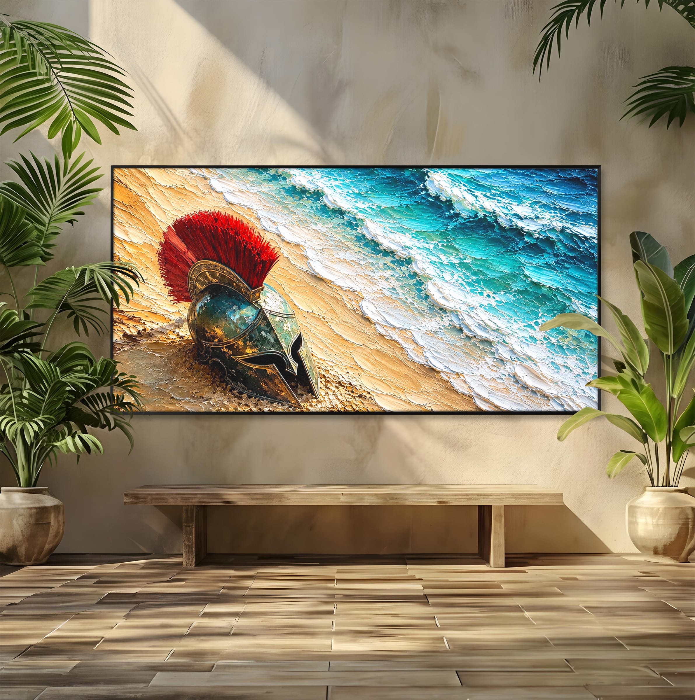 Tablou Canvas Premium LuxCanva® T1028, Coiful Spartan Pe Tarm, Coif, Spartan, Mare, Istorie, Razboinic, Living, Dormitor, Culori Vibrante