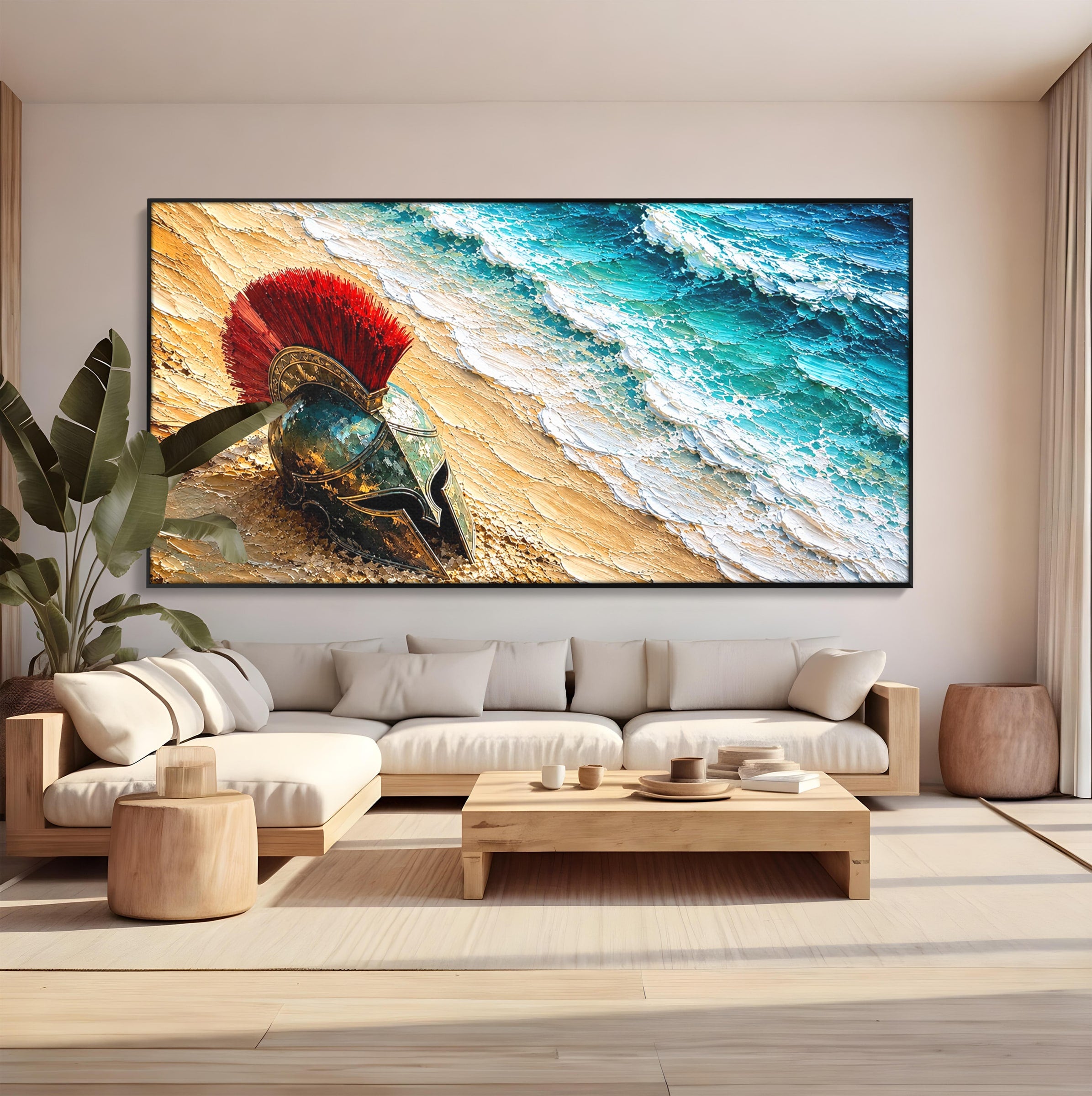 Tablou Canvas Premium LuxCanva® T1028, Coiful Spartan Pe Tarm, Coif, Spartan, Mare, Istorie, Razboinic, Living, Dormitor, Culori Vibrante