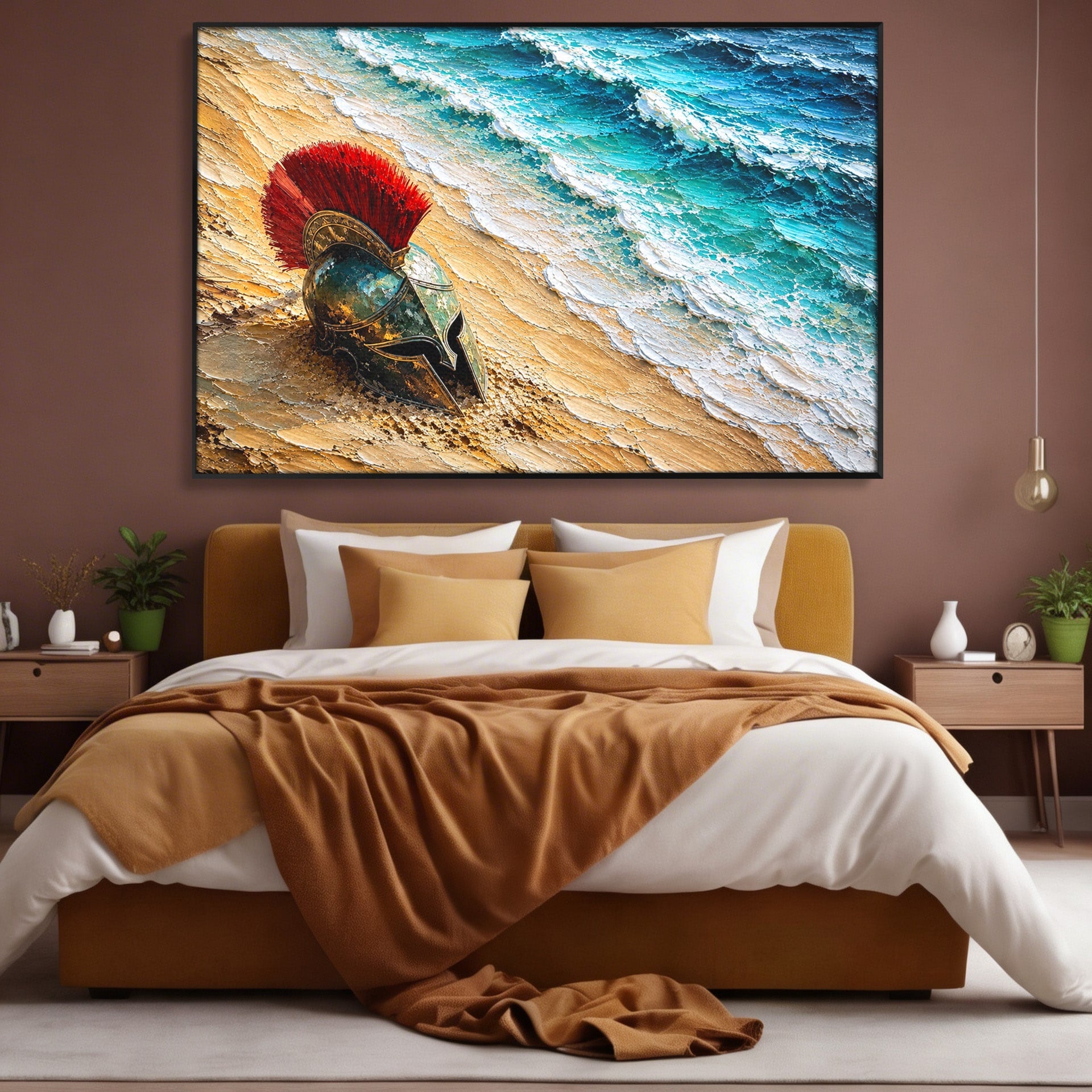 Tablou Canvas Premium LuxCanva® T1028, Coiful Spartan Pe Tarm, Coif, Spartan, Mare, Istorie, Razboinic, Living, Dormitor, Culori Vibrante