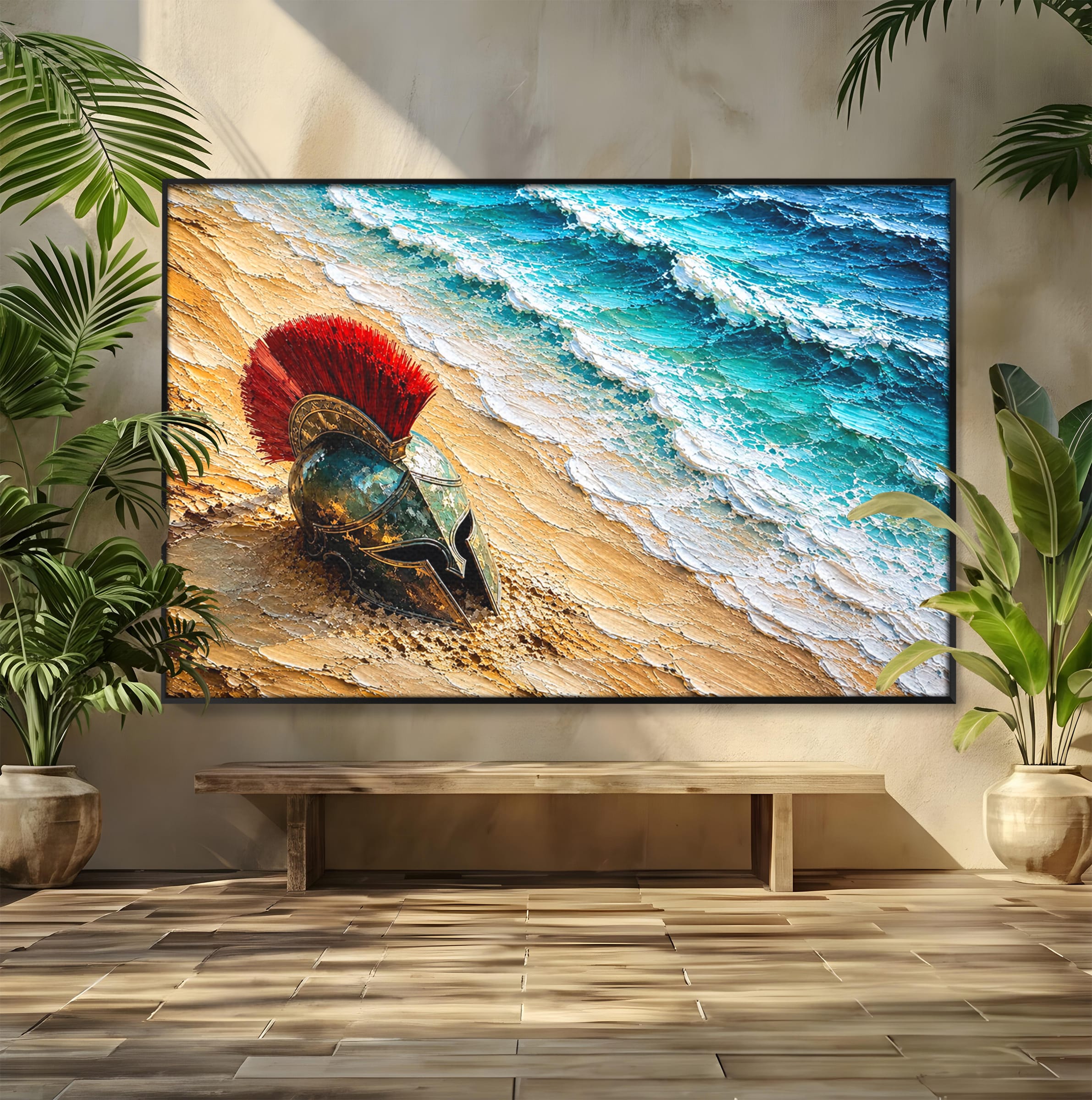 Tablou Canvas Premium LuxCanva® T1028, Coiful Spartan Pe Tarm, Coif, Spartan, Mare, Istorie, Razboinic, Living, Dormitor, Culori Vibrante