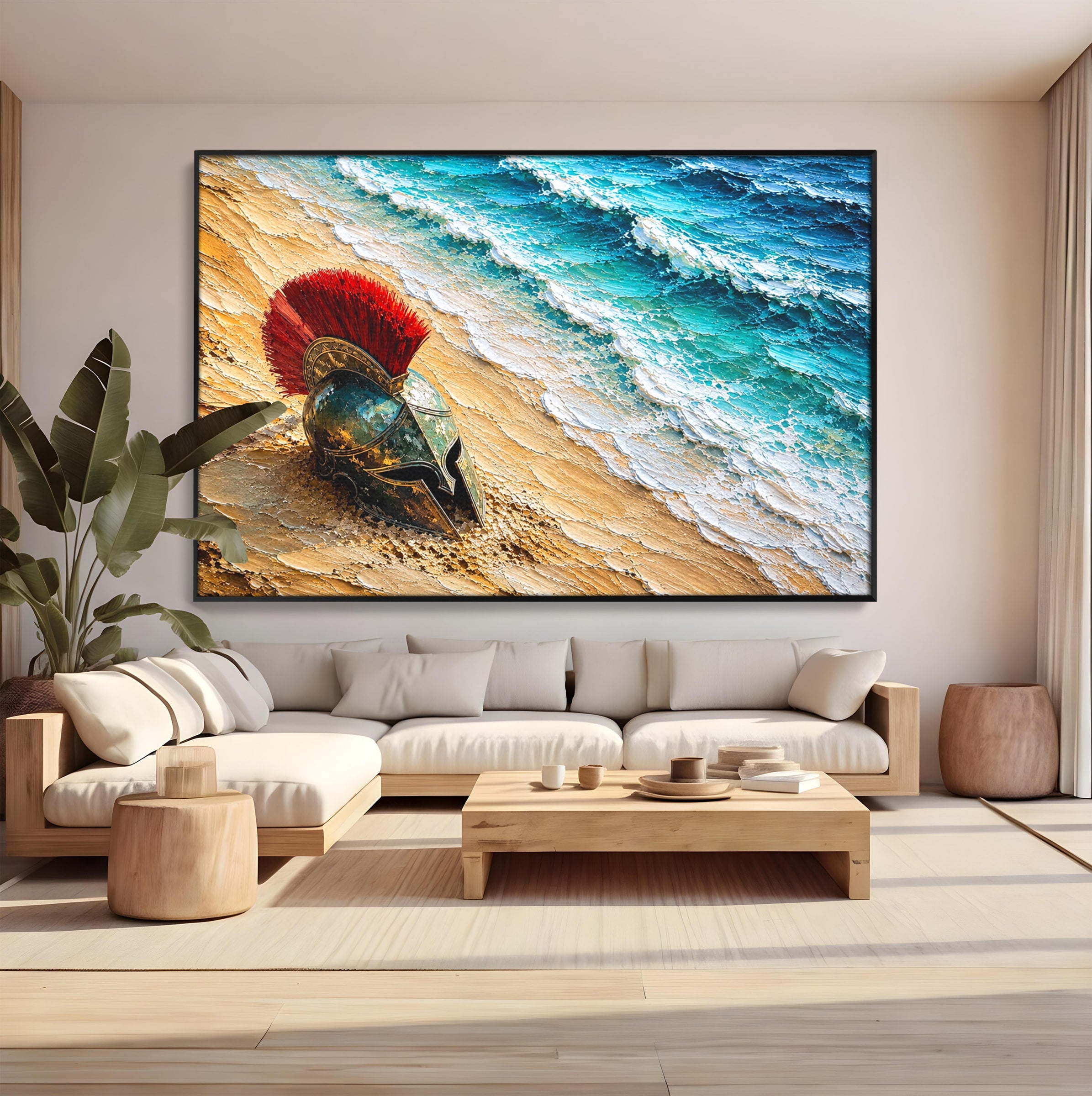 Tablou Canvas Premium LuxCanva® T1028, Coiful Spartan Pe Tarm, Coif, Spartan, Mare, Istorie, Razboinic, Living, Dormitor, Culori Vibrante
