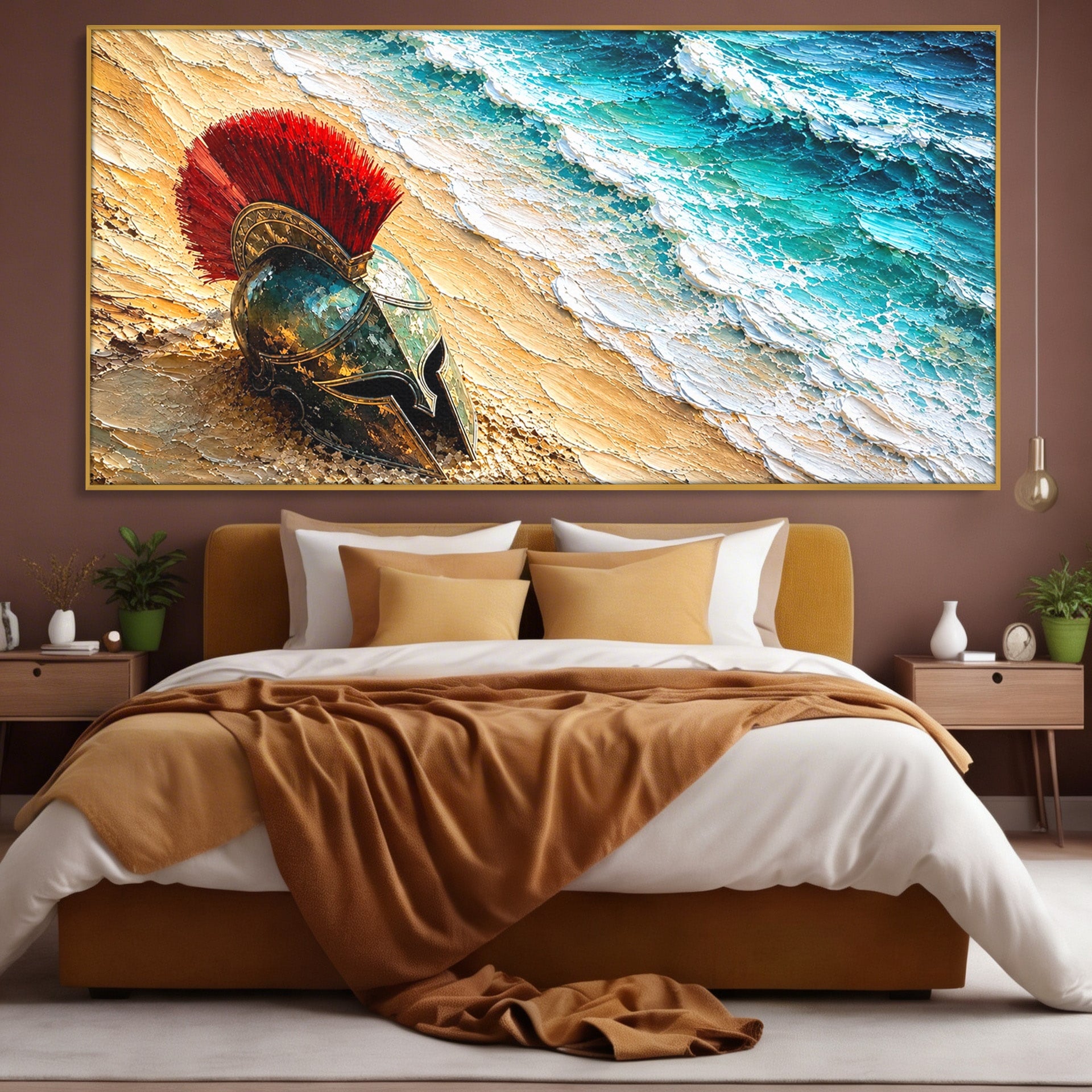 Tablou Canvas Premium LuxCanva® T1028, Coiful Spartan Pe Tarm, Coif, Spartan, Mare, Istorie, Razboinic, Living, Dormitor, Culori Vibrante