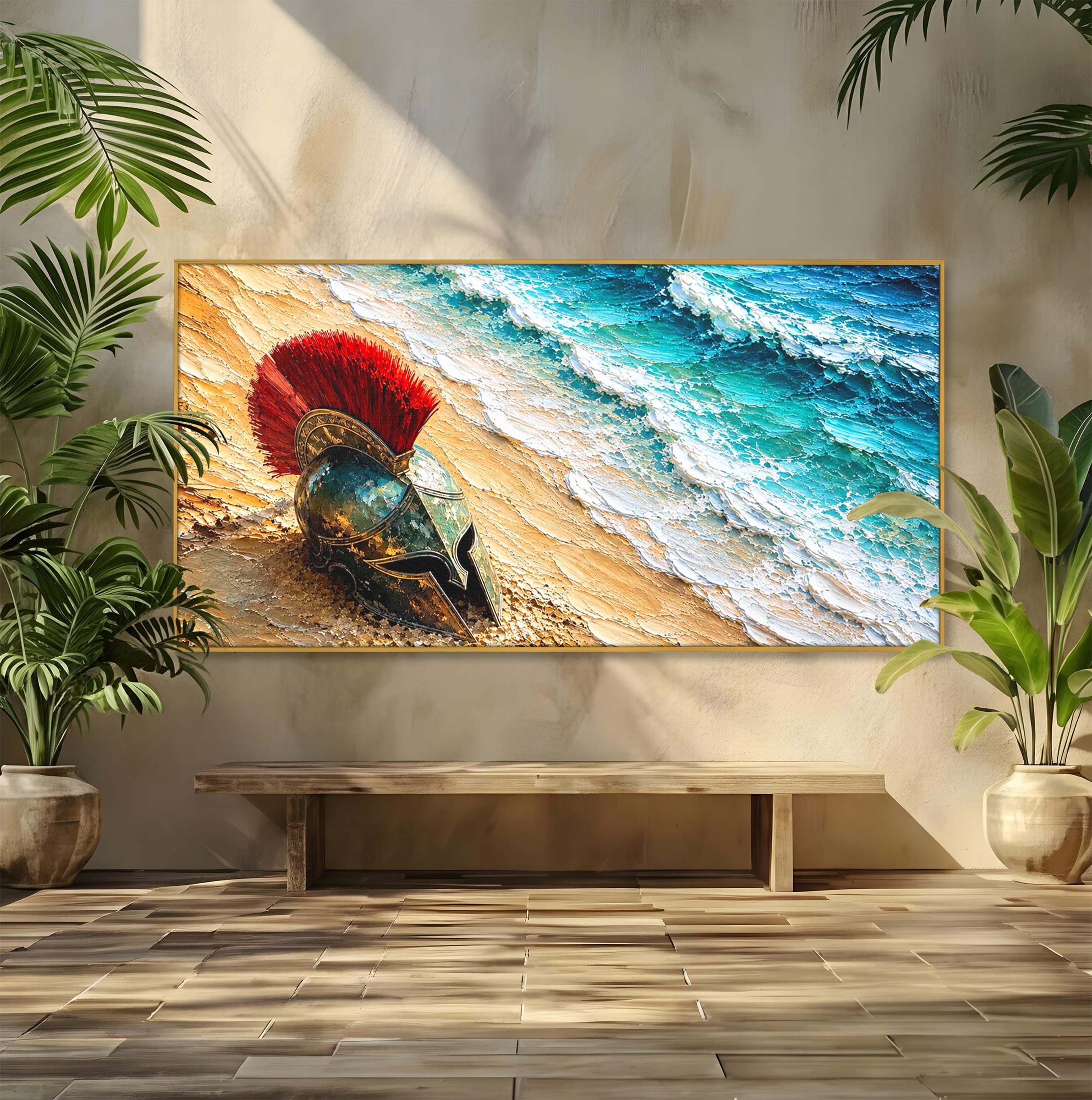 Tablou Canvas Premium LuxCanva® T1028, Coiful Spartan Pe Tarm, Coif, Spartan, Mare, Istorie, Razboinic, Living, Dormitor, Culori Vibrante