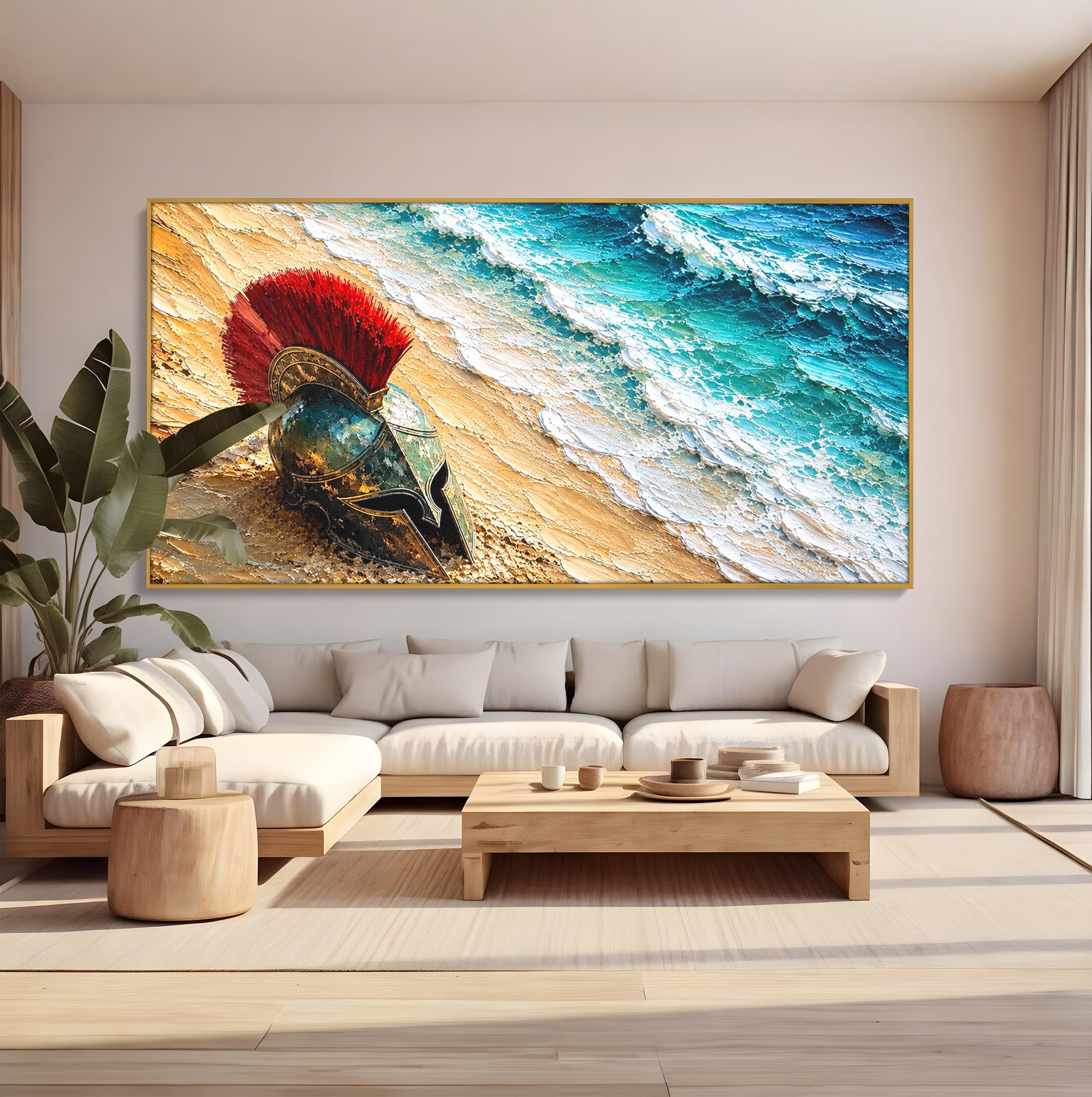 Tablou Canvas Premium LuxCanva® T1028, Coiful Spartan Pe Tarm, Coif, Spartan, Mare, Istorie, Razboinic, Living, Dormitor, Culori Vibrante