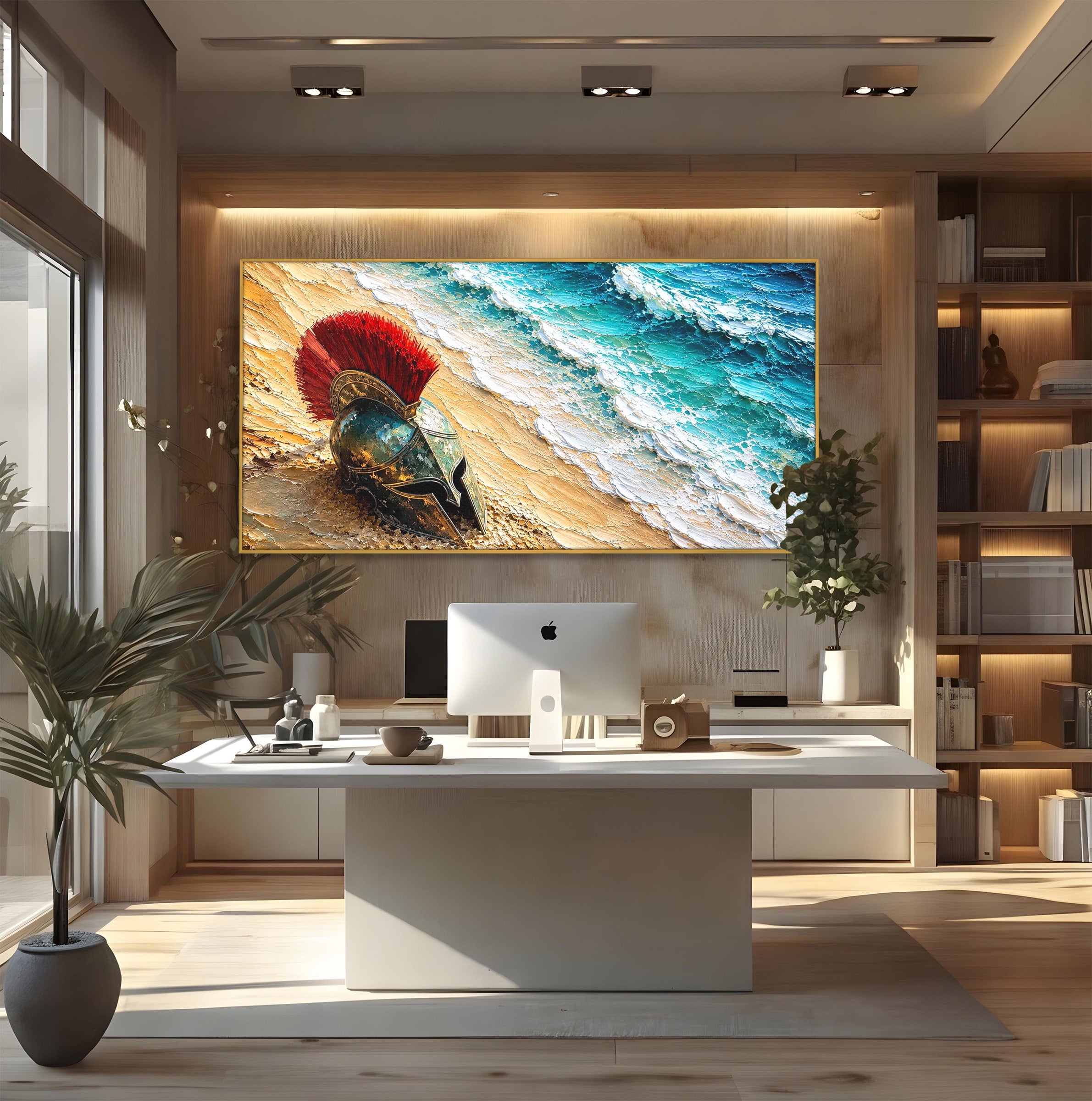 Tablou Canvas Premium LuxCanva® T1028, Coiful Spartan Pe Tarm, Coif, Spartan, Mare, Istorie, Razboinic, Living, Dormitor, Culori Vibrante