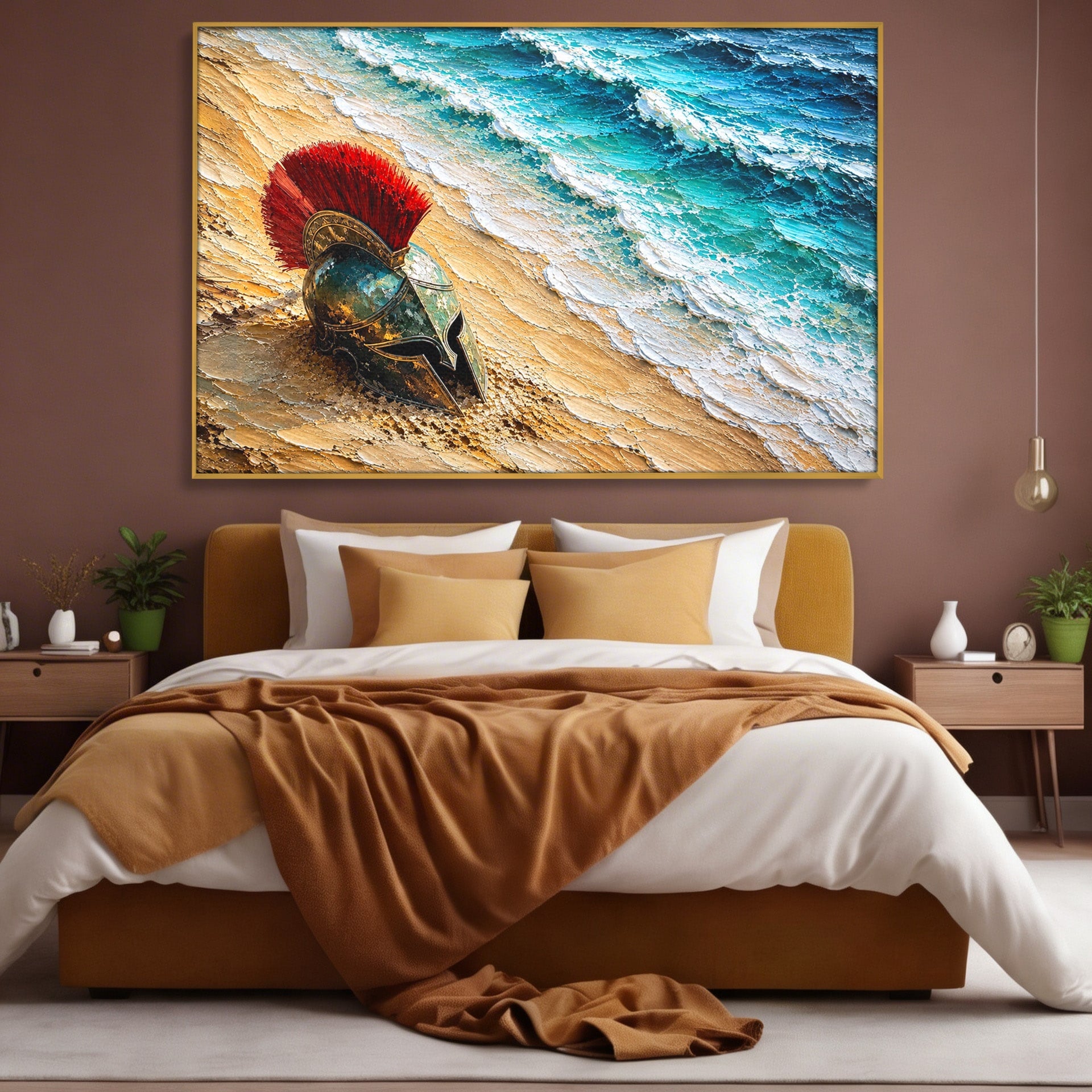 Tablou Canvas Premium LuxCanva® T1028, Coiful Spartan Pe Tarm, Coif, Spartan, Mare, Istorie, Razboinic, Living, Dormitor, Culori Vibrante