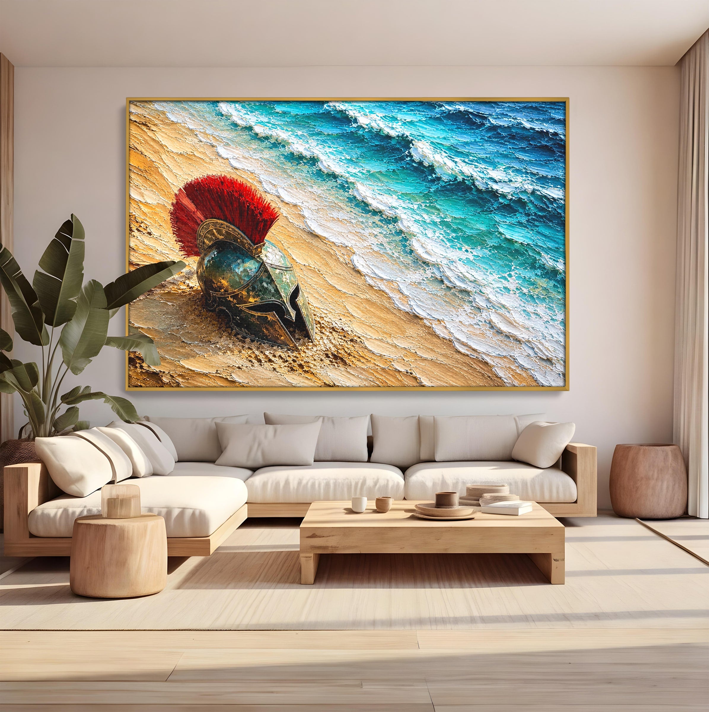 Tablou Canvas Premium LuxCanva® T1028, Coiful Spartan Pe Tarm, Coif, Spartan, Mare, Istorie, Razboinic, Living, Dormitor, Culori Vibrante