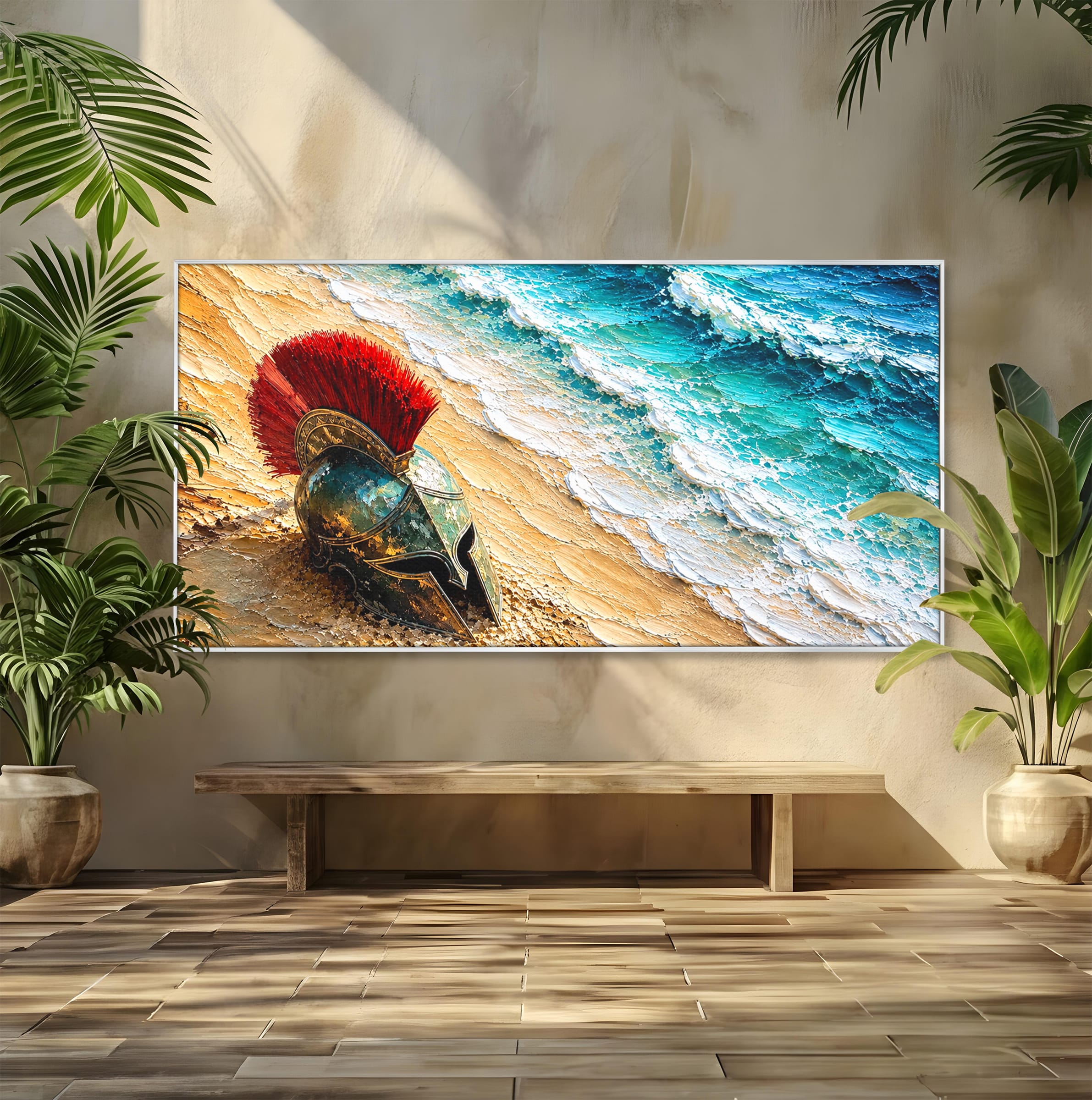 Tablou Canvas Premium LuxCanva® T1028, Coiful Spartan Pe Tarm, Coif, Spartan, Mare, Istorie, Razboinic, Living, Dormitor, Culori Vibrante