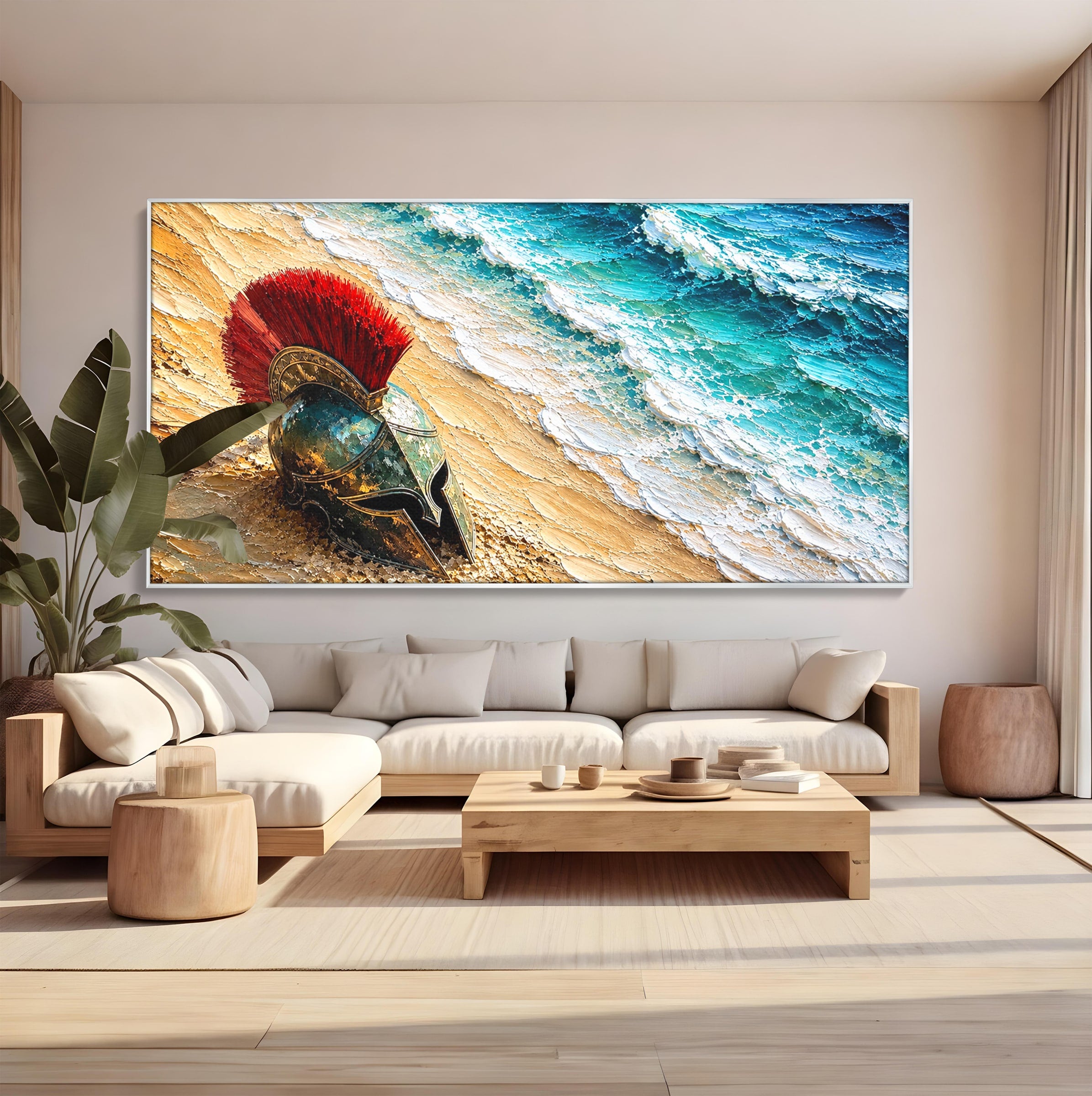 Tablou Canvas Premium LuxCanva® T1028, Coiful Spartan Pe Tarm, Coif, Spartan, Mare, Istorie, Razboinic, Living, Dormitor, Culori Vibrante