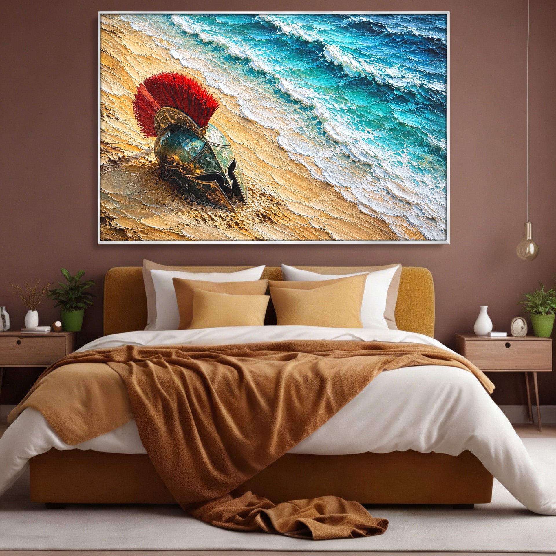 Tablou Canvas Premium LuxCanva® T1028, Coiful Spartan Pe Tarm, Coif, Spartan, Mare, Istorie, Razboinic, Living, Dormitor, Culori Vibrante
