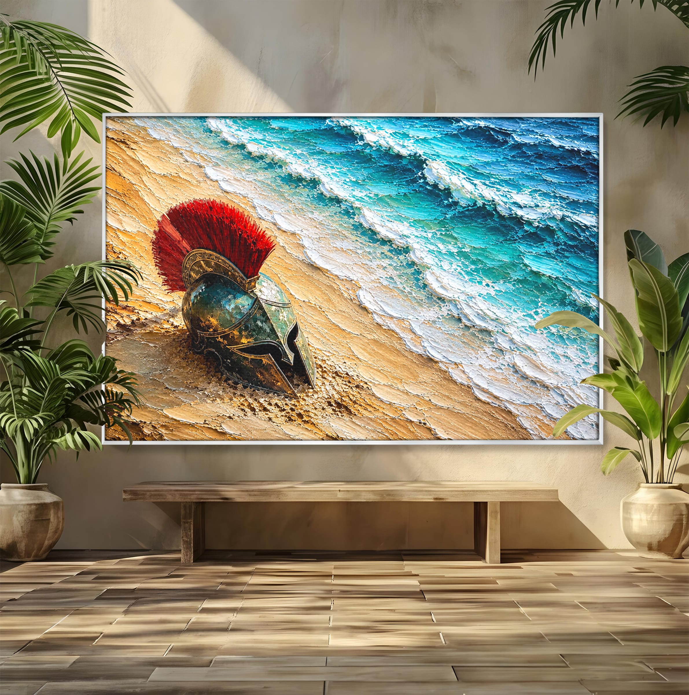Tablou Canvas Premium LuxCanva® T1028, Coiful Spartan Pe Tarm, Coif, Spartan, Mare, Istorie, Razboinic, Living, Dormitor, Culori Vibrante