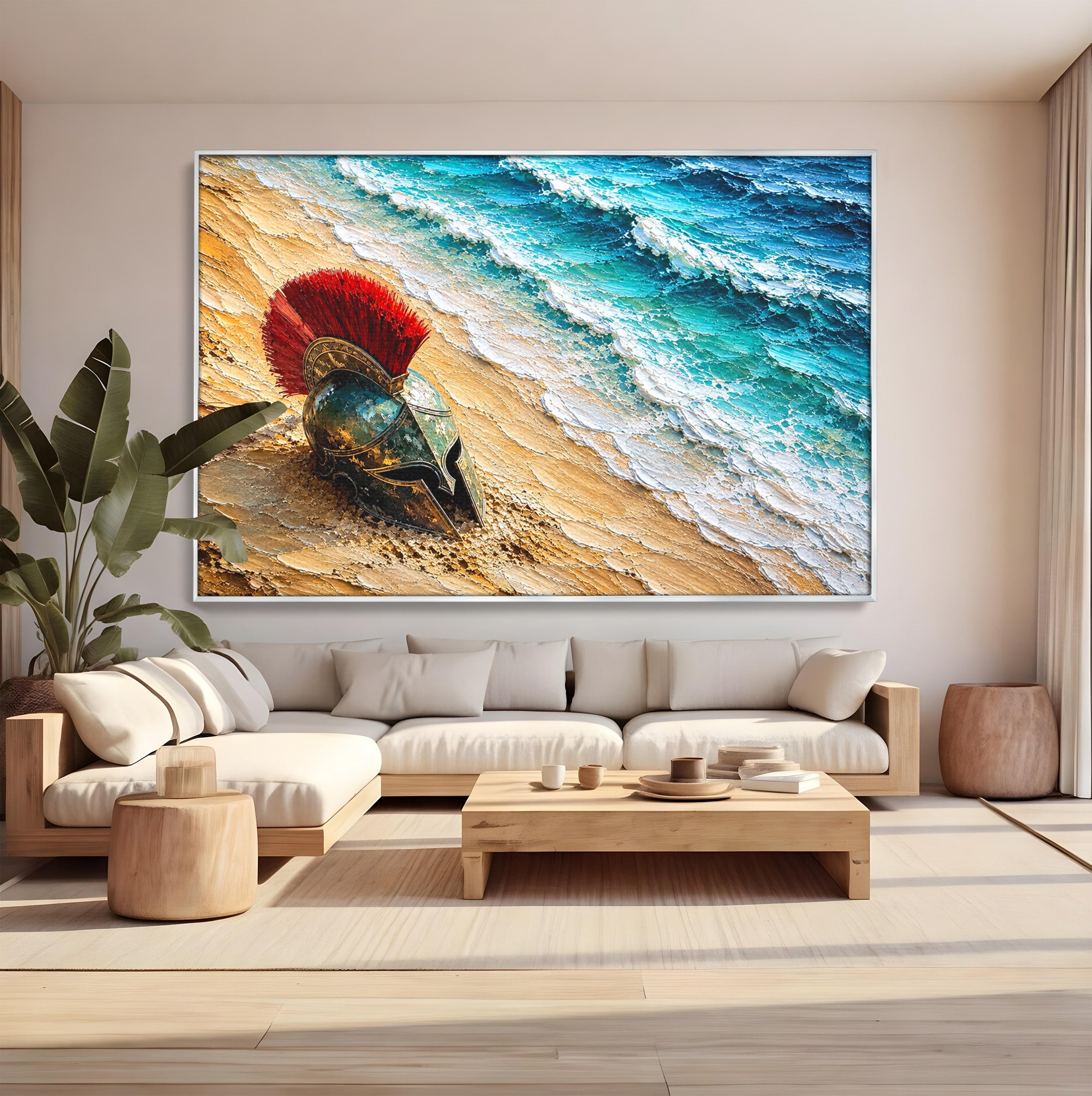 Tablou Canvas Premium LuxCanva® T1028, Coiful Spartan Pe Tarm, Coif, Spartan, Mare, Istorie, Razboinic, Living, Dormitor, Culori Vibrante