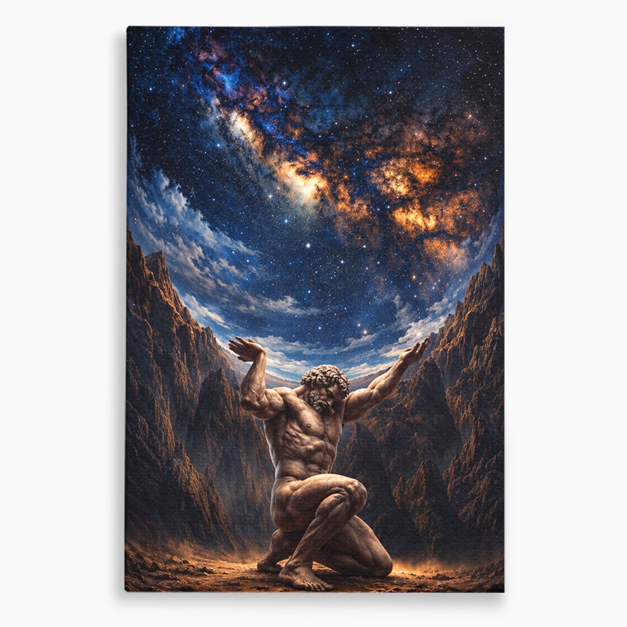Tablou Canvas Premium LuxCanva® T1029, Atlas Sprijinind Cerul, Atlas, Mitologie, Stele, Univers, Living, Culori Vibrante