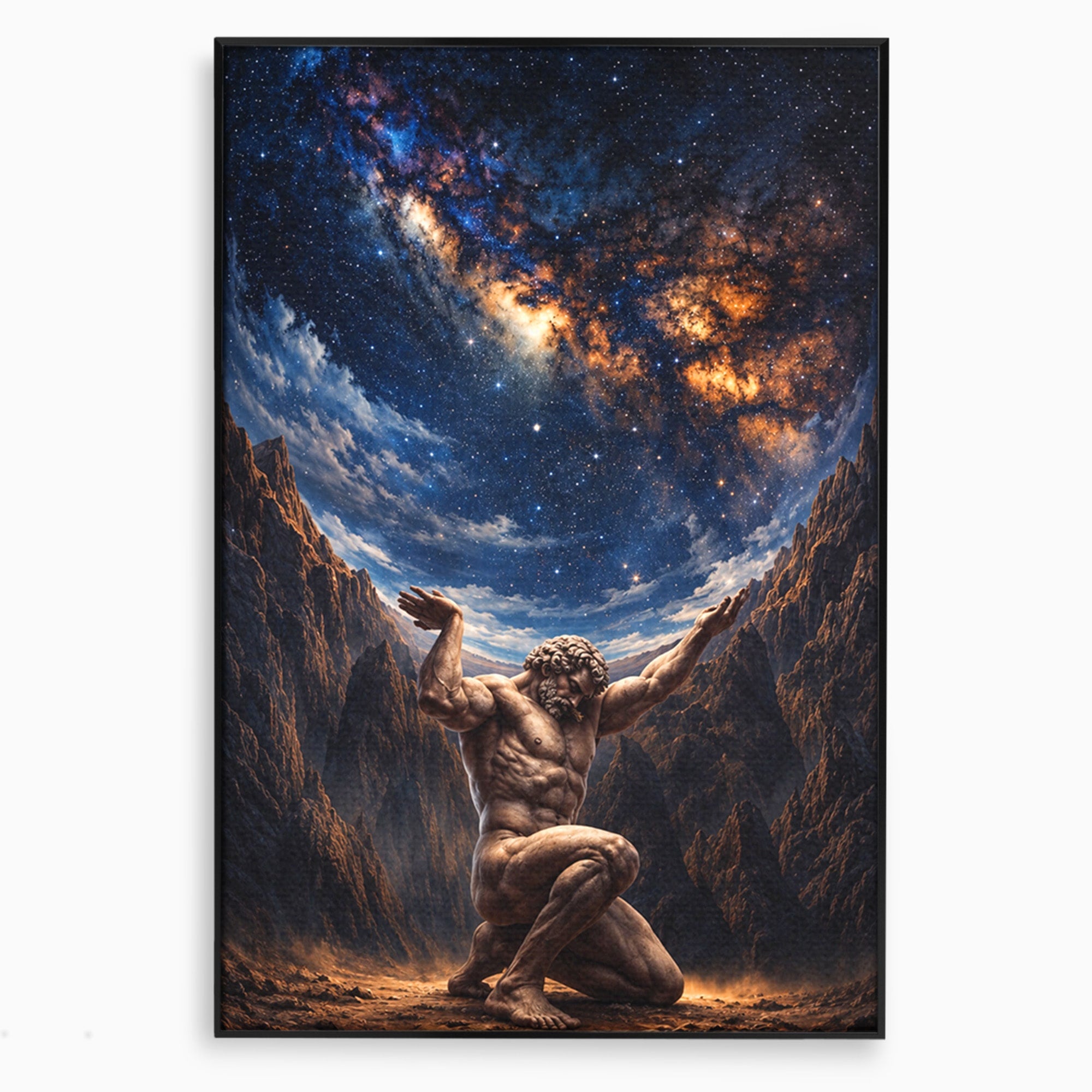 Tablou Canvas Premium LuxCanva® T1029, Atlas Sprijinind Cerul, Atlas, Mitologie, Stele, Univers, Living, Culori Vibrante