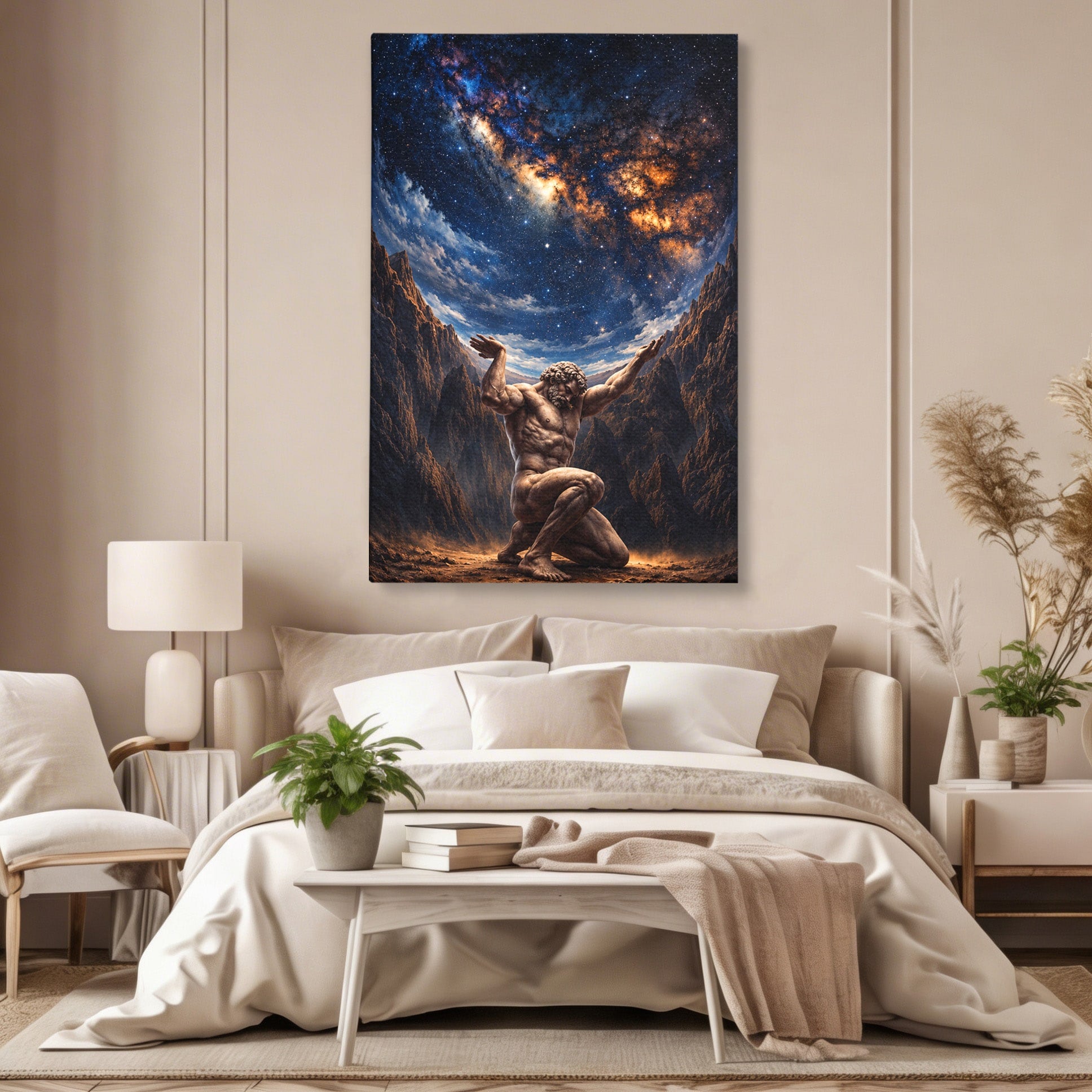 Tablou Canvas Premium LuxCanva® T1029, Atlas Sprijinind Cerul, Atlas, Mitologie, Stele, Univers, Living, Culori Vibrante