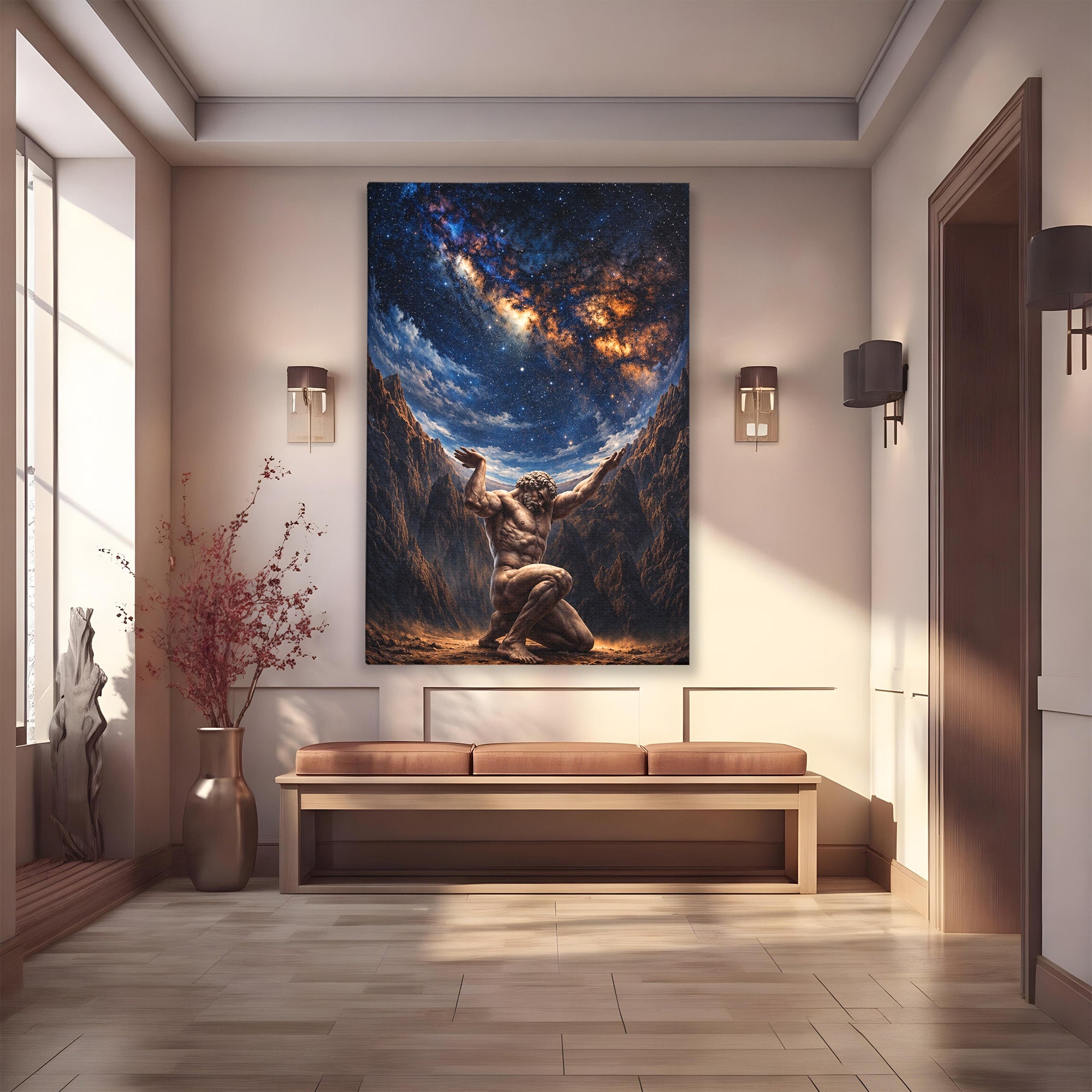 Tablou Canvas Premium LuxCanva® T1029, Atlas Sprijinind Cerul, Atlas, Mitologie, Stele, Univers, Living, Culori Vibrante