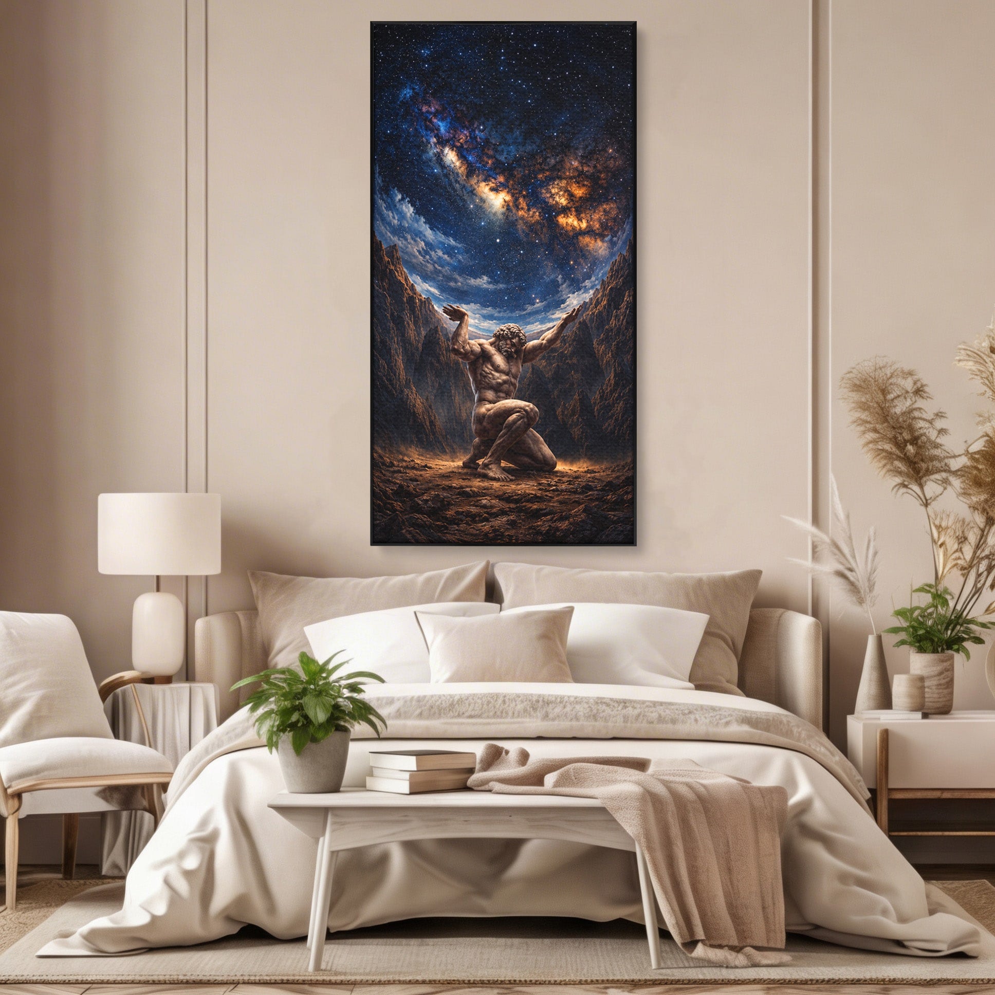 Tablou Canvas Premium LuxCanva® T1029, Atlas Sprijinind Cerul, Atlas, Mitologie, Stele, Univers, Living, Culori Vibrante