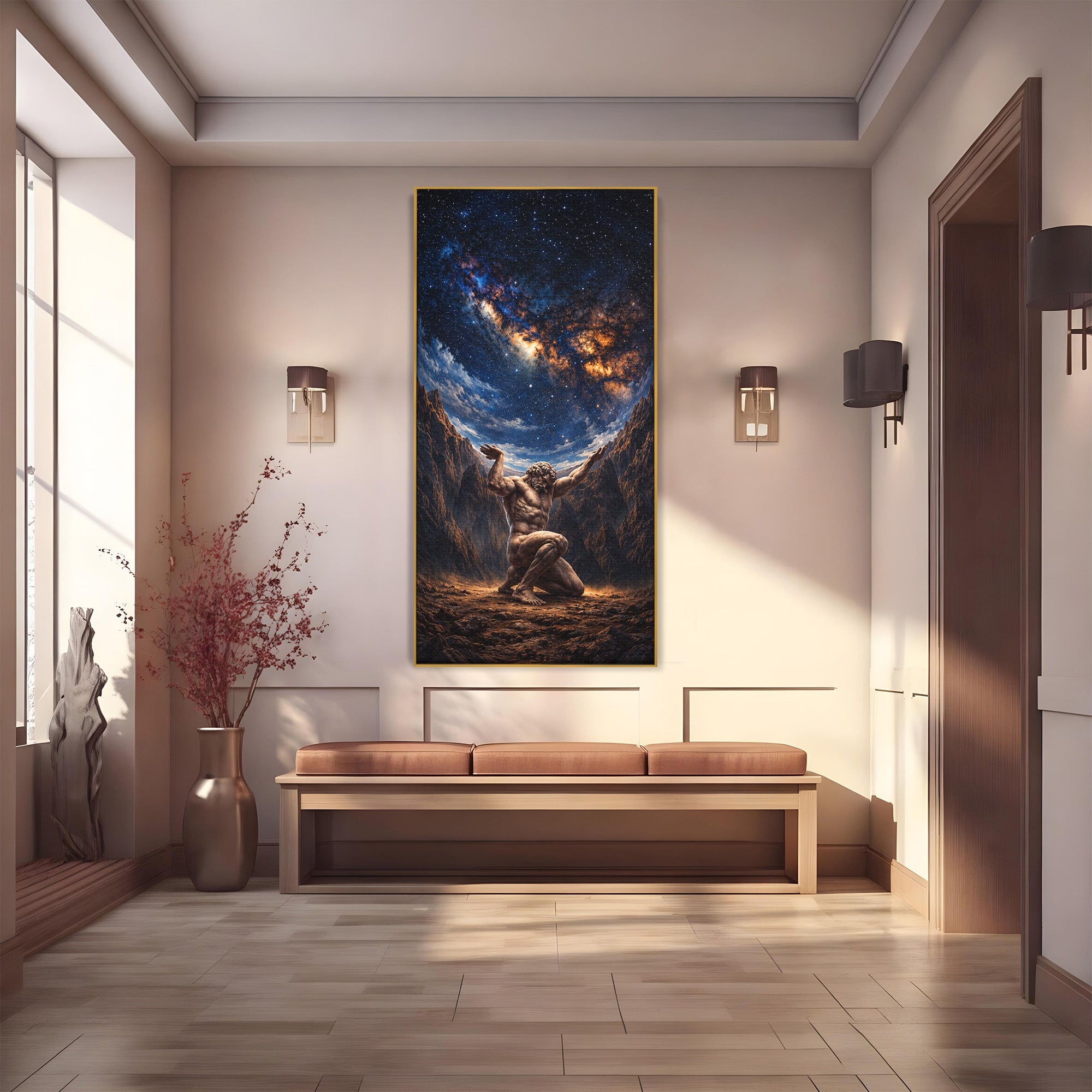 Tablou Canvas Premium LuxCanva® T1029, Atlas Sprijinind Cerul, Atlas, Mitologie, Stele, Univers, Living, Culori Vibrante