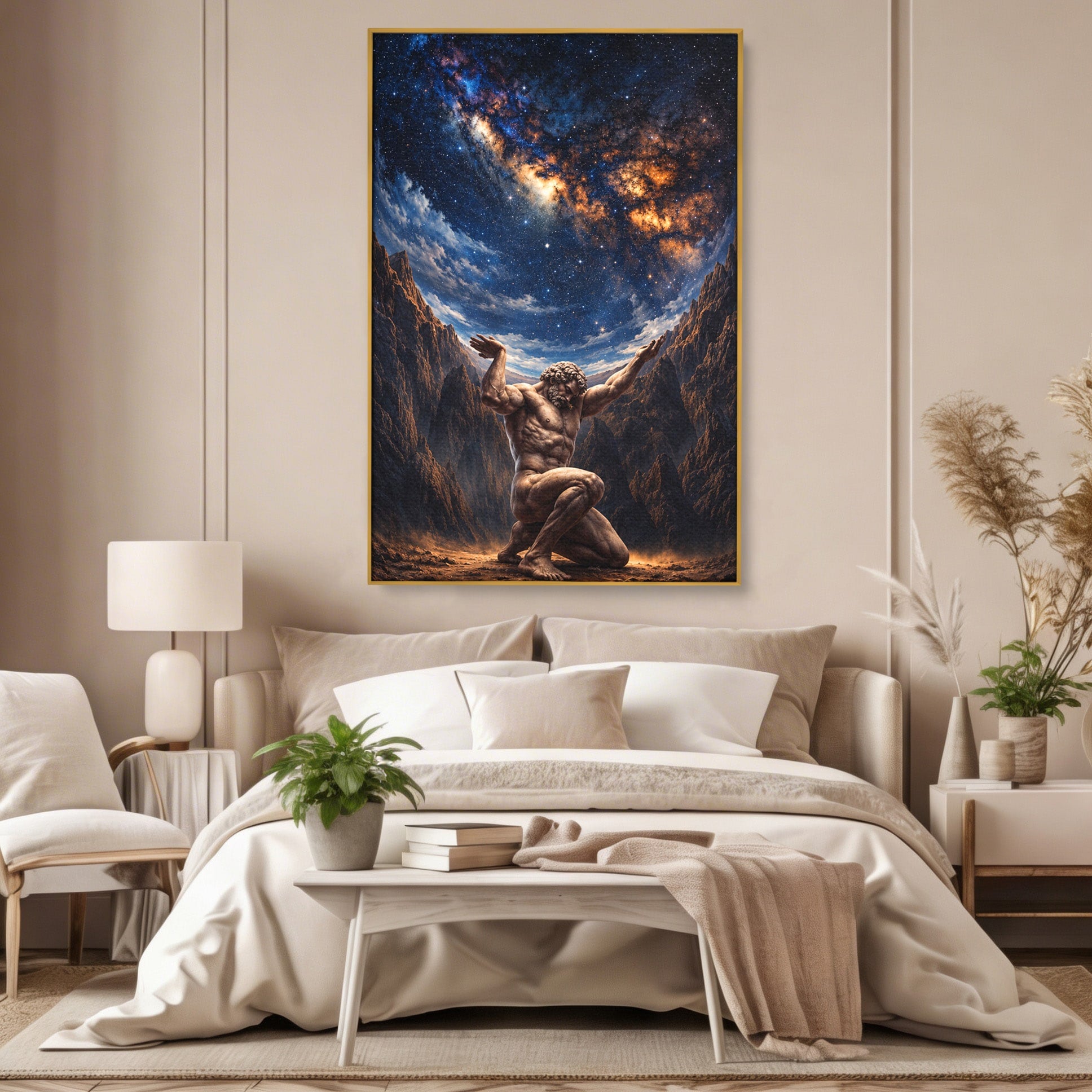 Tablou Canvas Premium LuxCanva® T1029, Atlas Sprijinind Cerul, Atlas, Mitologie, Stele, Univers, Living, Culori Vibrante
