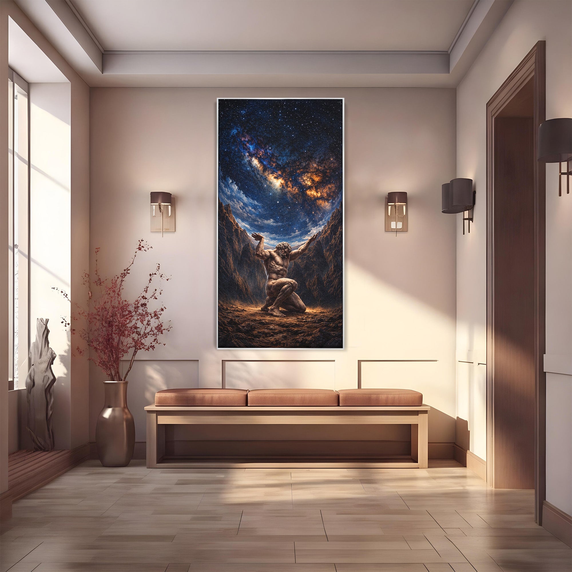 Tablou Canvas Premium LuxCanva® T1029, Atlas Sprijinind Cerul, Atlas, Mitologie, Stele, Univers, Living, Culori Vibrante