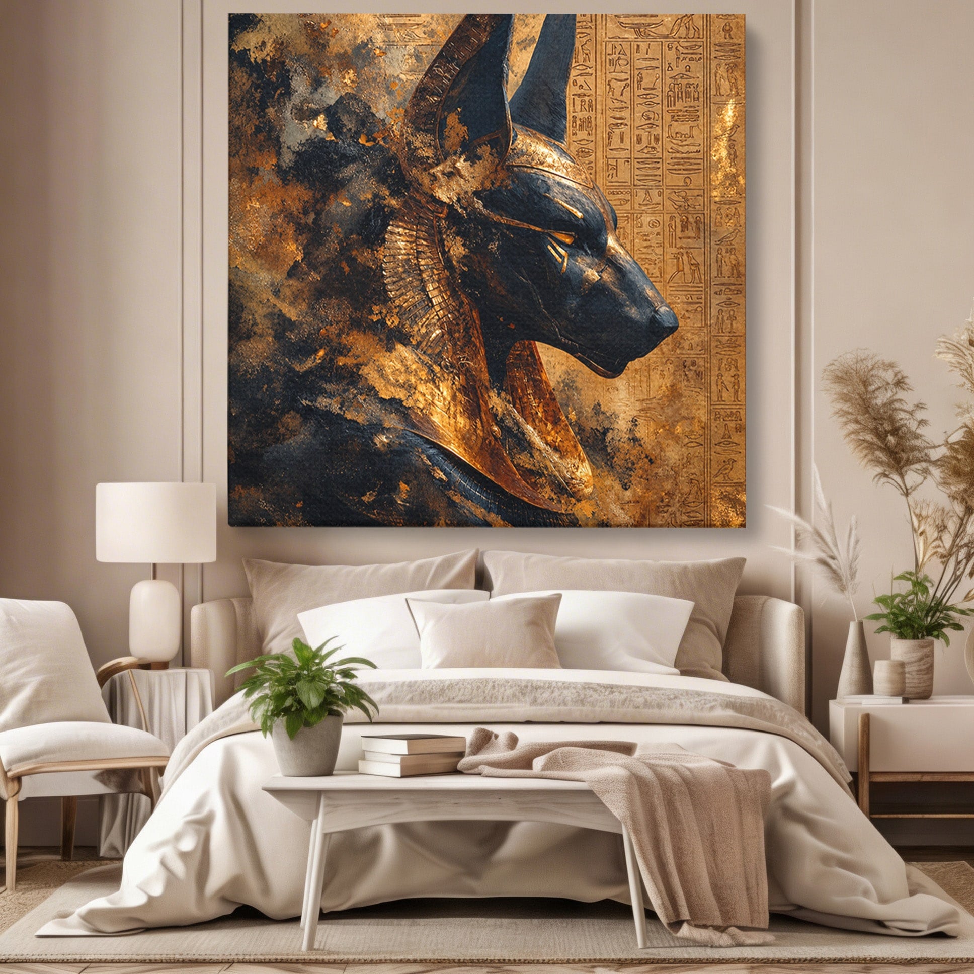 Tablou Canvas Premium LuxCanva® T1040, Anubis in Splendoare Antica, Anubis, Egipt, Mitologie, Istorie, Birou, Culori Vibrante