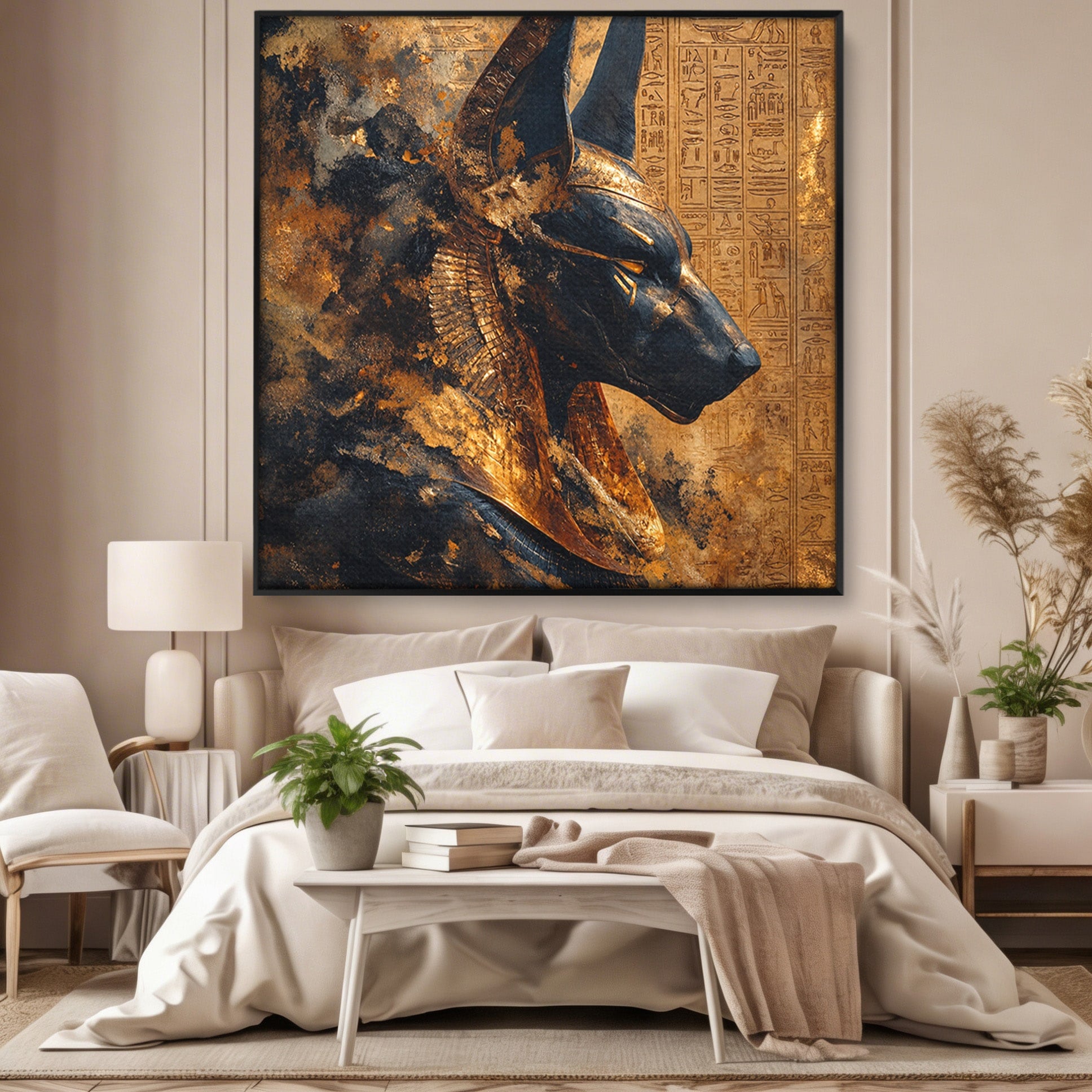 Tablou Canvas Premium LuxCanva® T1040, Anubis in Splendoare Antica, Anubis, Egipt, Mitologie, Istorie, Birou, Culori Vibrante
