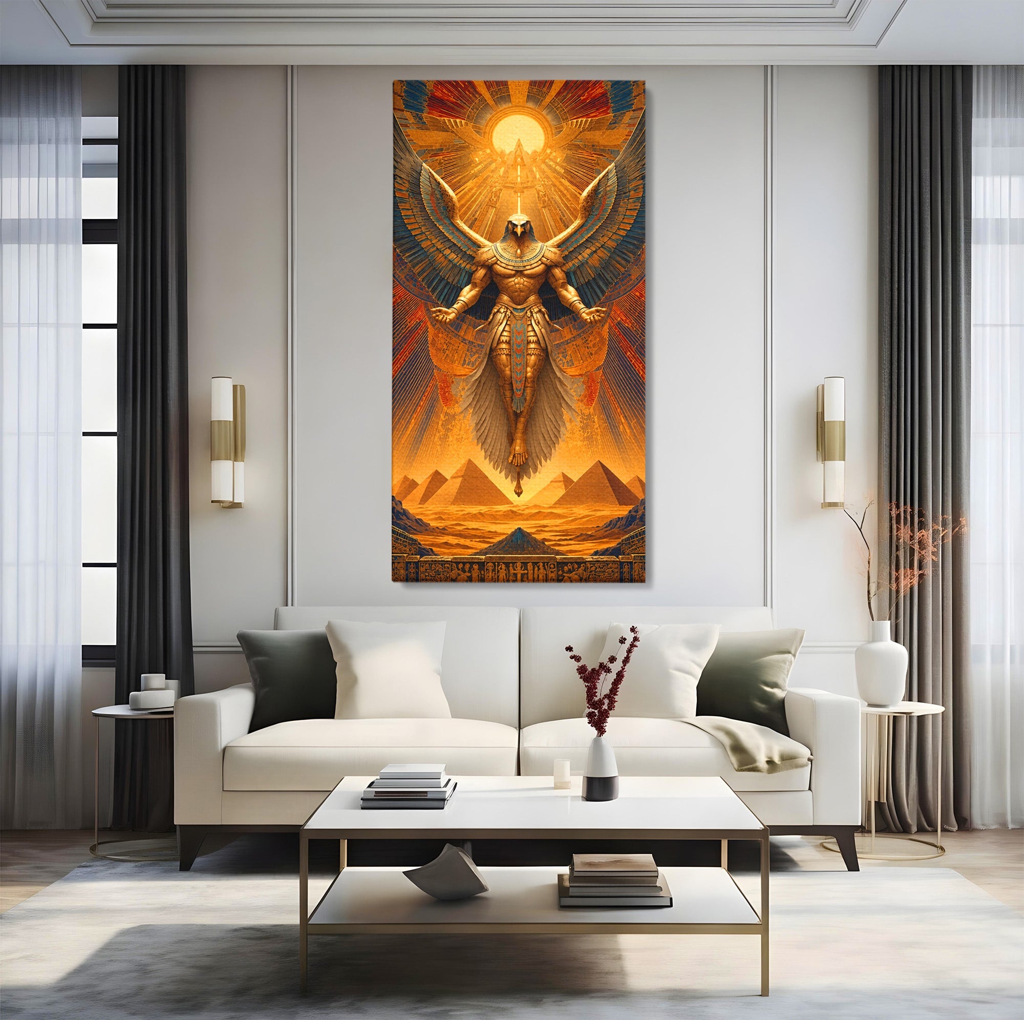 Tablou Canvas Premium LuxCanva® T1044, Zeul Egiptean Al Soarelui, Egipt, Mitologie, Arta Antica, Living, Zei, Culori Vibrante