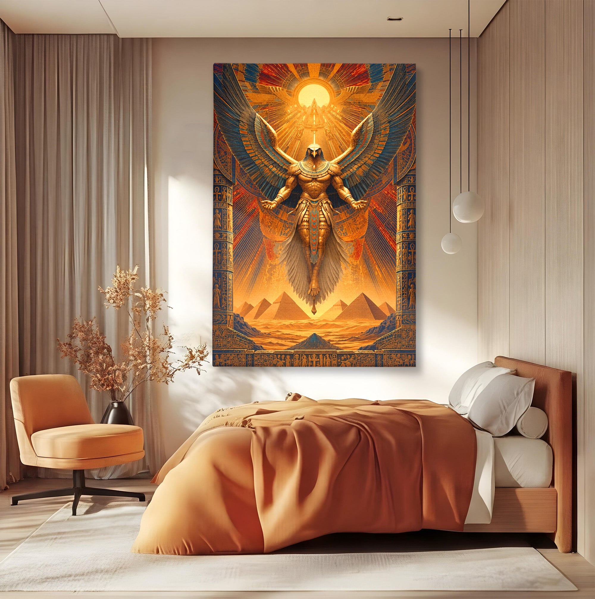 Tablou Canvas Premium LuxCanva® T1044, Zeul Egiptean Al Soarelui, Egipt, Mitologie, Arta Antica, Living, Zei, Culori Vibrante