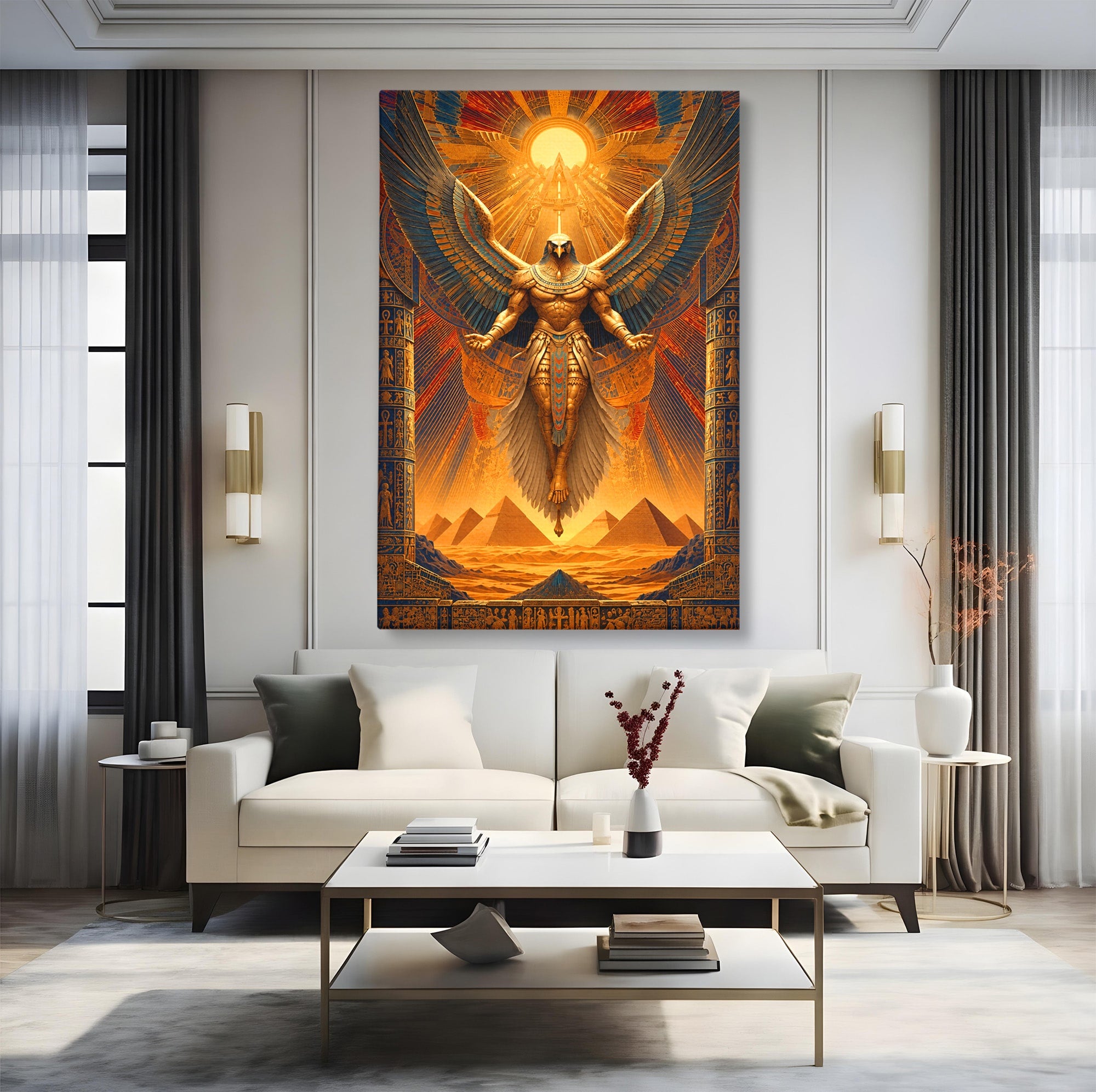 Tablou Canvas Premium LuxCanva® T1044, Zeul Egiptean Al Soarelui, Egipt, Mitologie, Arta Antica, Living, Zei, Culori Vibrante