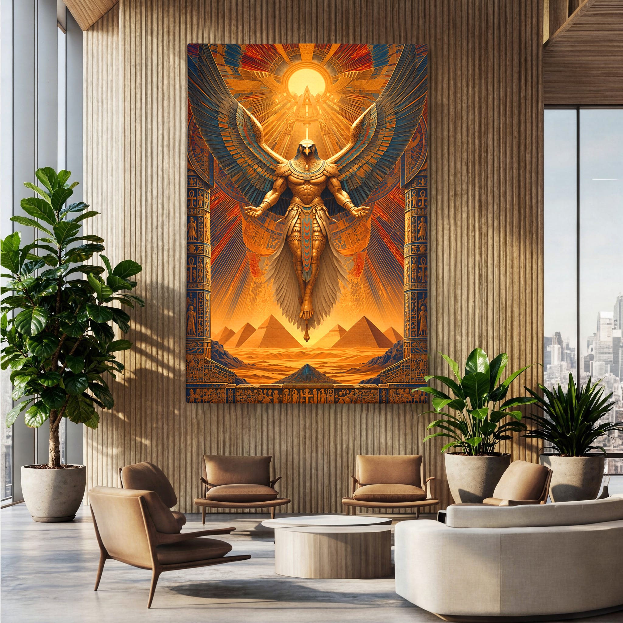 Tablou Canvas Premium LuxCanva® T1044, Zeul Egiptean Al Soarelui, Egipt, Mitologie, Arta Antica, Living, Zei, Culori Vibrante