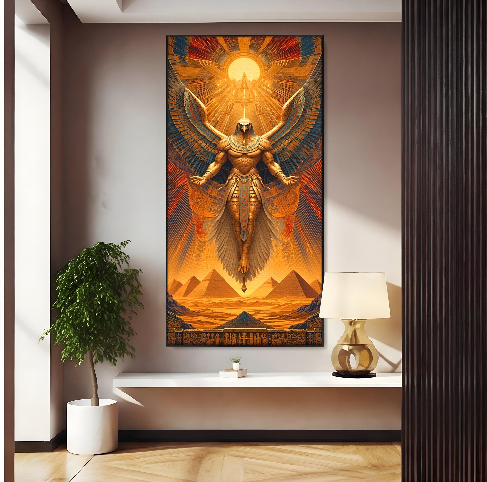 Tablou Canvas Premium LuxCanva® T1044, Zeul Egiptean Al Soarelui, Egipt, Mitologie, Arta Antica, Living, Zei, Culori Vibrante