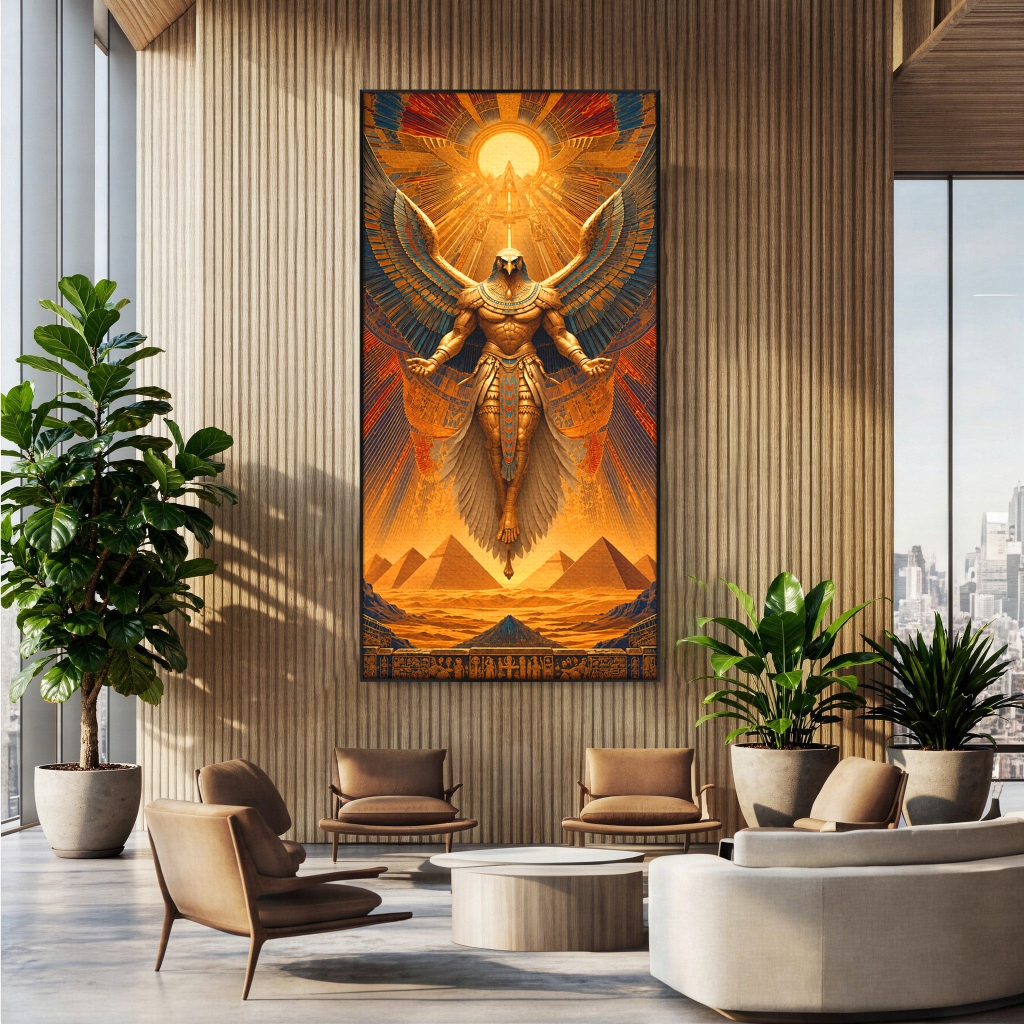 Tablou Canvas Premium LuxCanva® T1044, Zeul Egiptean Al Soarelui, Egipt, Mitologie, Arta Antica, Living, Zei, Culori Vibrante