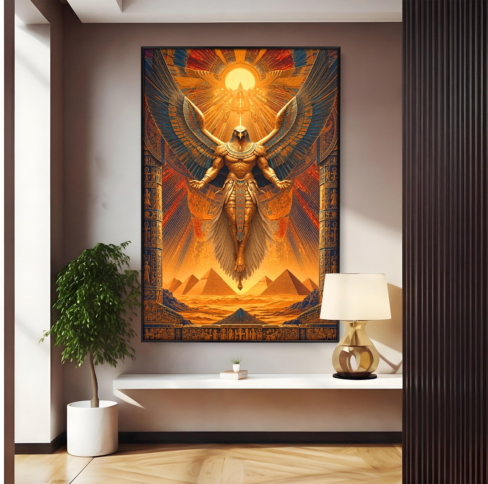 Tablou Canvas Premium LuxCanva® T1044, Zeul Egiptean Al Soarelui, Egipt, Mitologie, Arta Antica, Living, Zei, Culori Vibrante
