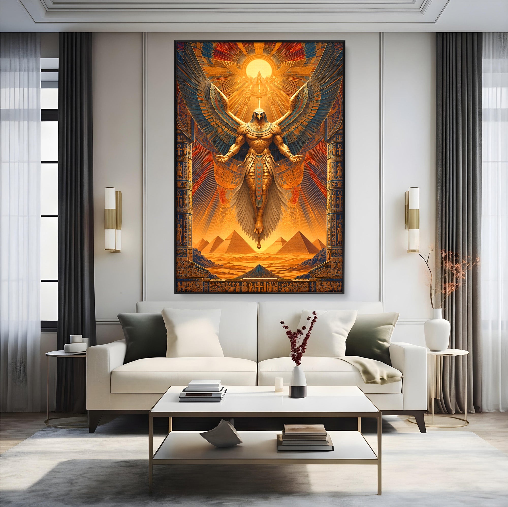 Tablou Canvas Premium LuxCanva® T1044, Zeul Egiptean Al Soarelui, Egipt, Mitologie, Arta Antica, Living, Zei, Culori Vibrante