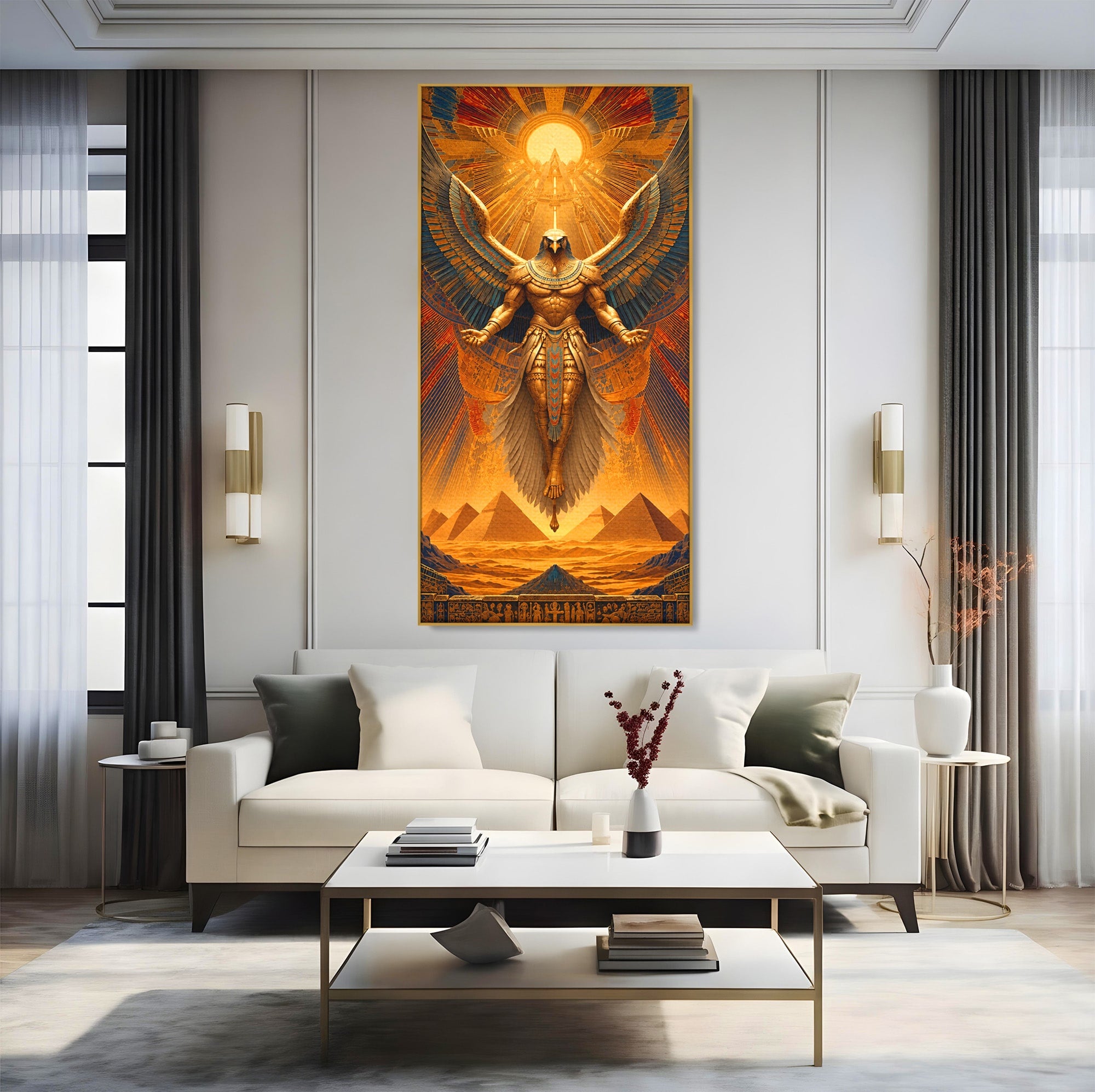 Tablou Canvas Premium LuxCanva® T1044, Zeul Egiptean Al Soarelui, Egipt, Mitologie, Arta Antica, Living, Zei, Culori Vibrante