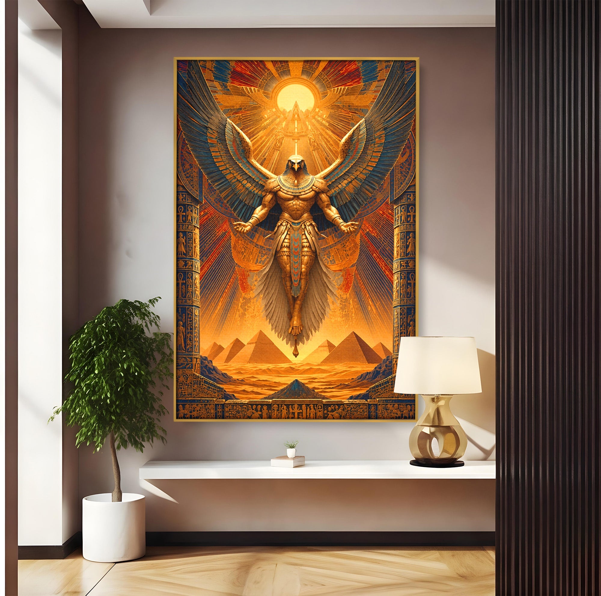 Tablou Canvas Premium LuxCanva® T1044, Zeul Egiptean Al Soarelui, Egipt, Mitologie, Arta Antica, Living, Zei, Culori Vibrante