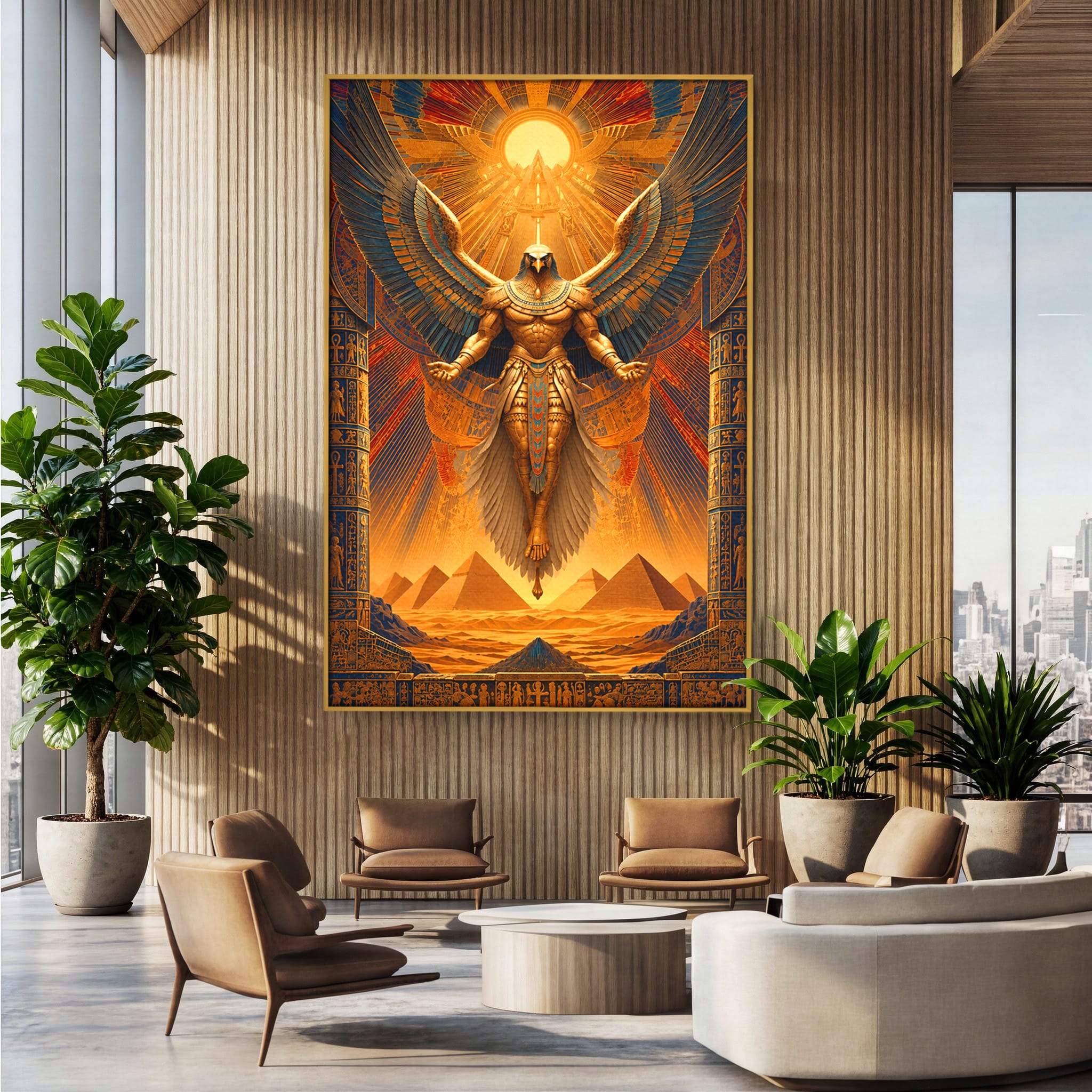 Tablou Canvas Premium LuxCanva® T1044, Zeul Egiptean Al Soarelui, Egipt, Mitologie, Arta Antica, Living, Zei, Culori Vibrante