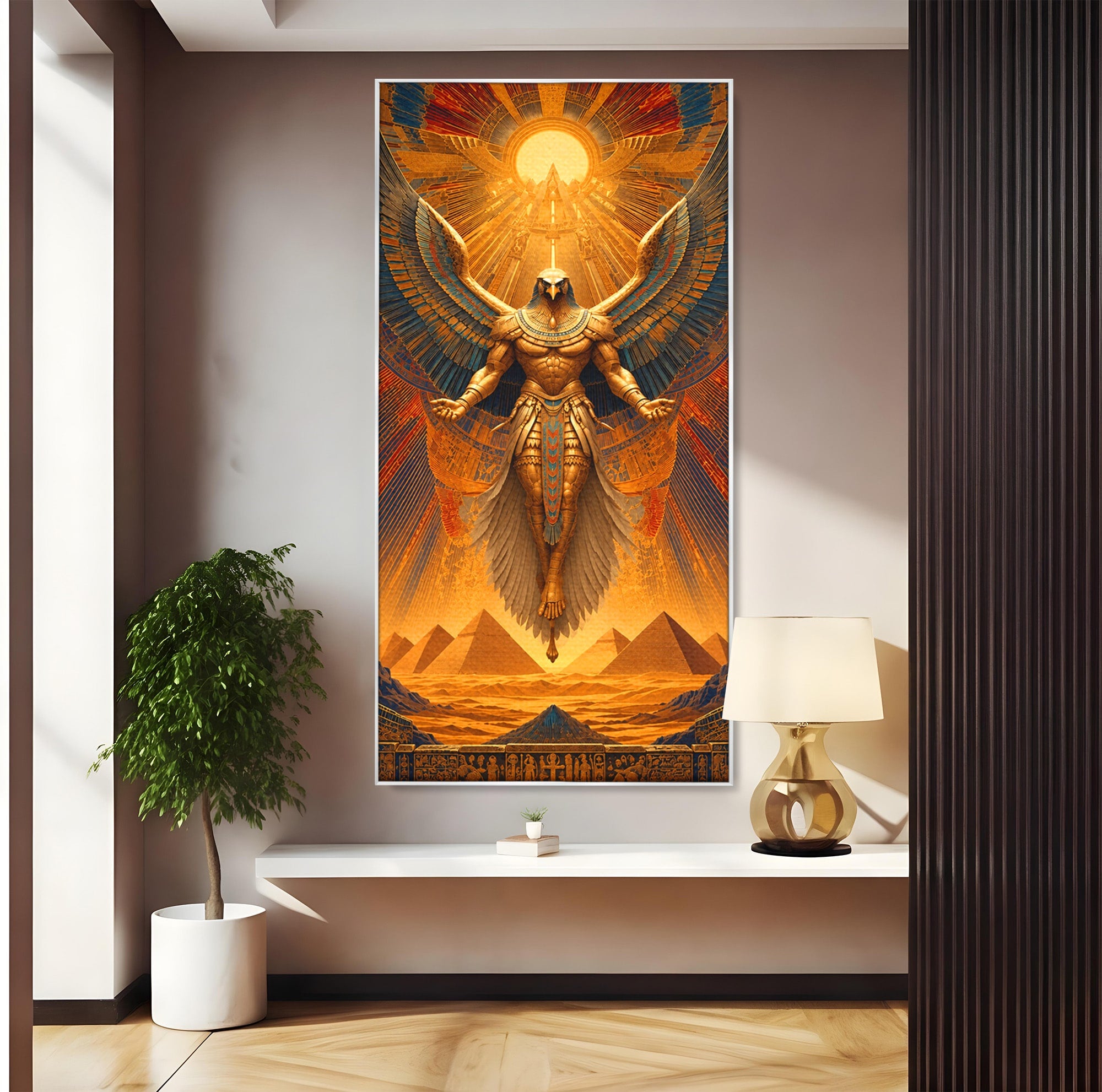 Tablou Canvas Premium LuxCanva® T1044, Zeul Egiptean Al Soarelui, Egipt, Mitologie, Arta Antica, Living, Zei, Culori Vibrante