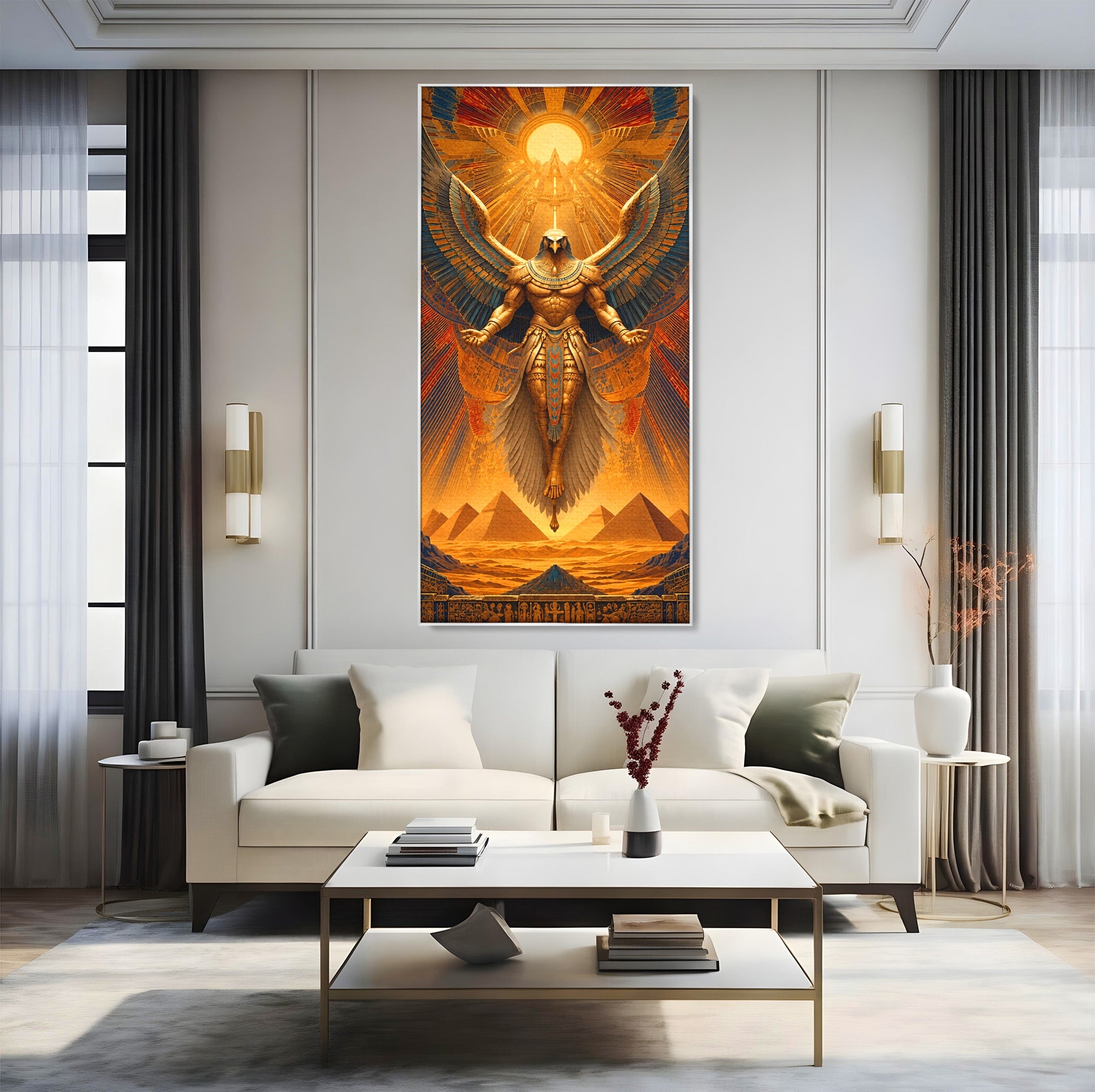 Tablou Canvas Premium LuxCanva® T1044, Zeul Egiptean Al Soarelui, Egipt, Mitologie, Arta Antica, Living, Zei, Culori Vibrante
