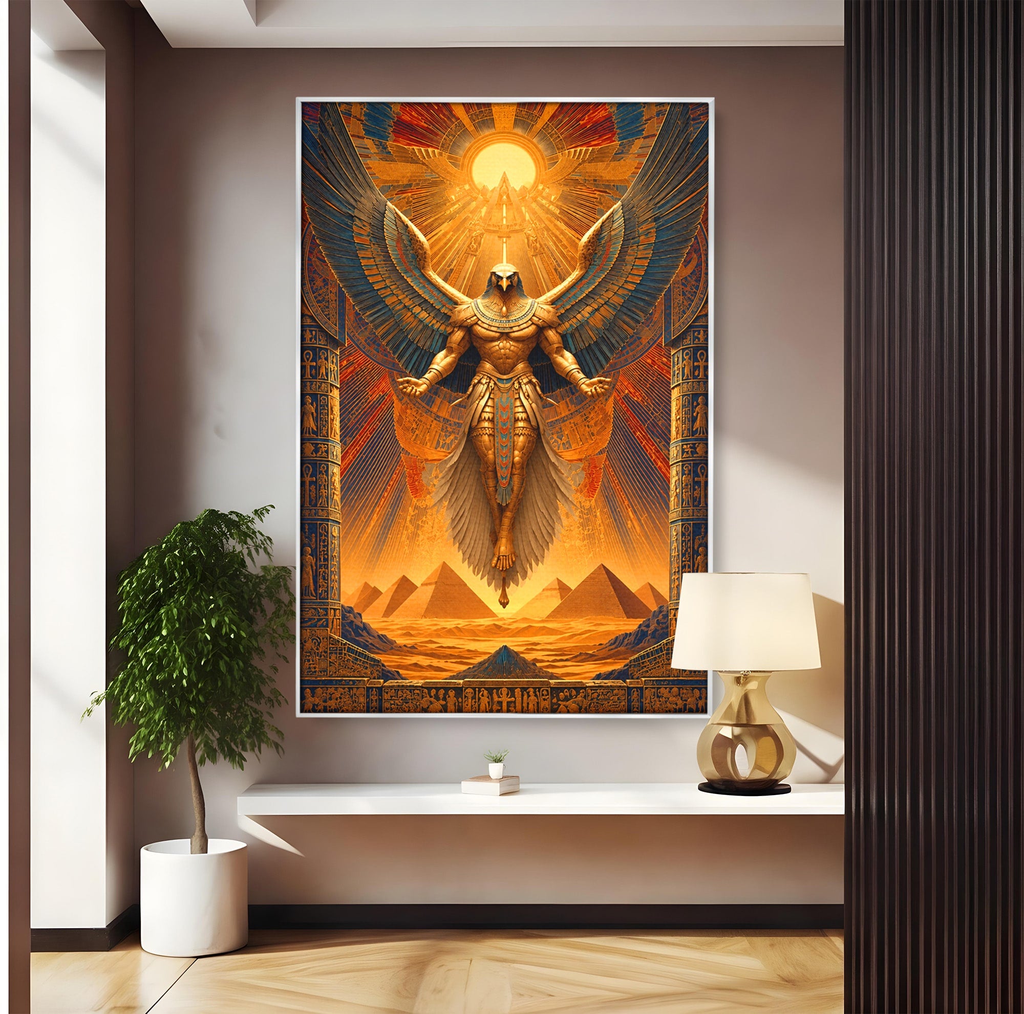 Tablou Canvas Premium LuxCanva® T1044, Zeul Egiptean Al Soarelui, Egipt, Mitologie, Arta Antica, Living, Zei, Culori Vibrante