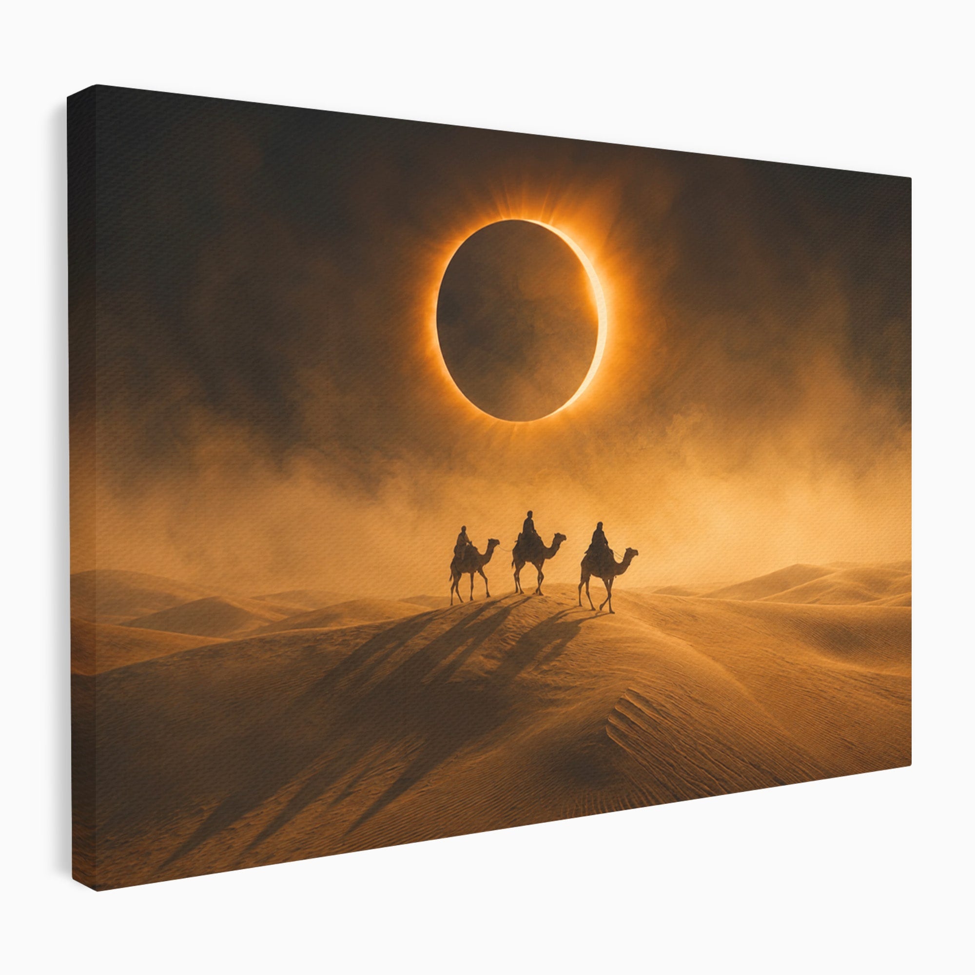 Tablou Canvas Premium LuxCanva® T1047, Caravana Sub Eclipsa, Desert, Eclipsa, Caravana, Peisaj, Living, Culori Vibrante