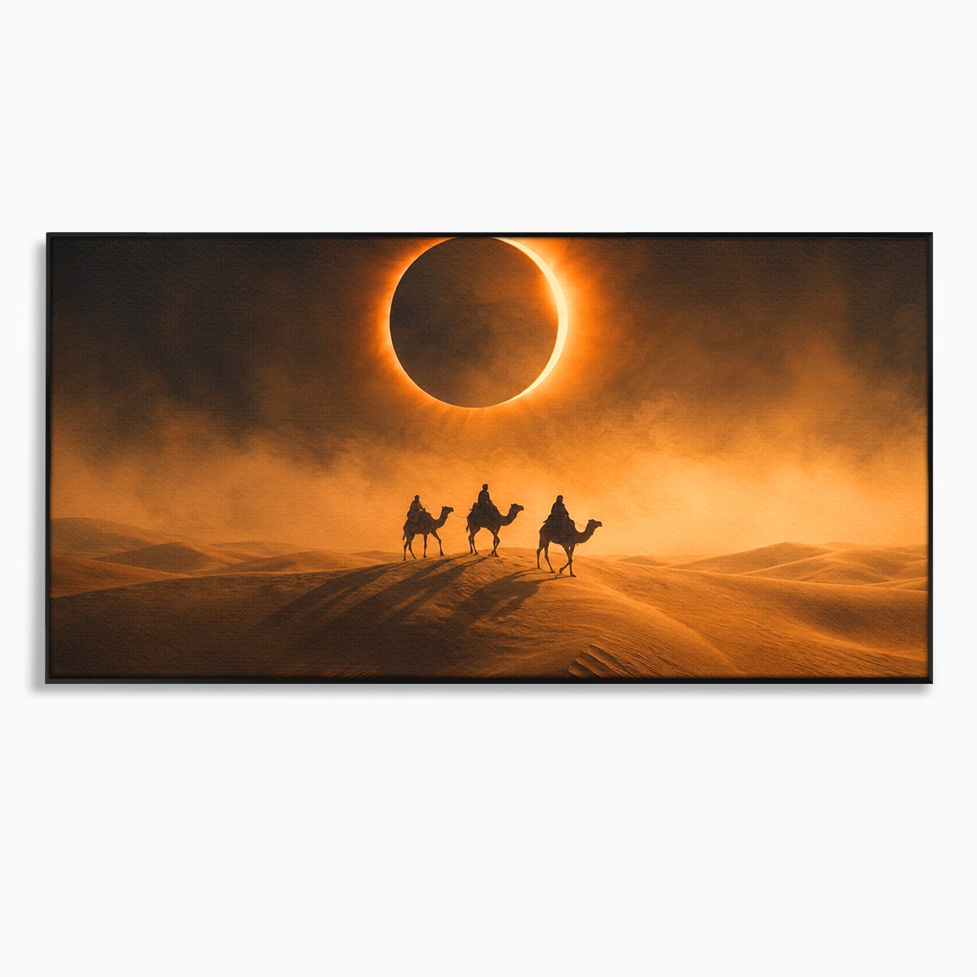 Tablou Canvas Premium LuxCanva® T1047, Caravana Sub Eclipsa, Desert, Eclipsa, Caravana, Peisaj, Living, Culori Vibrante
