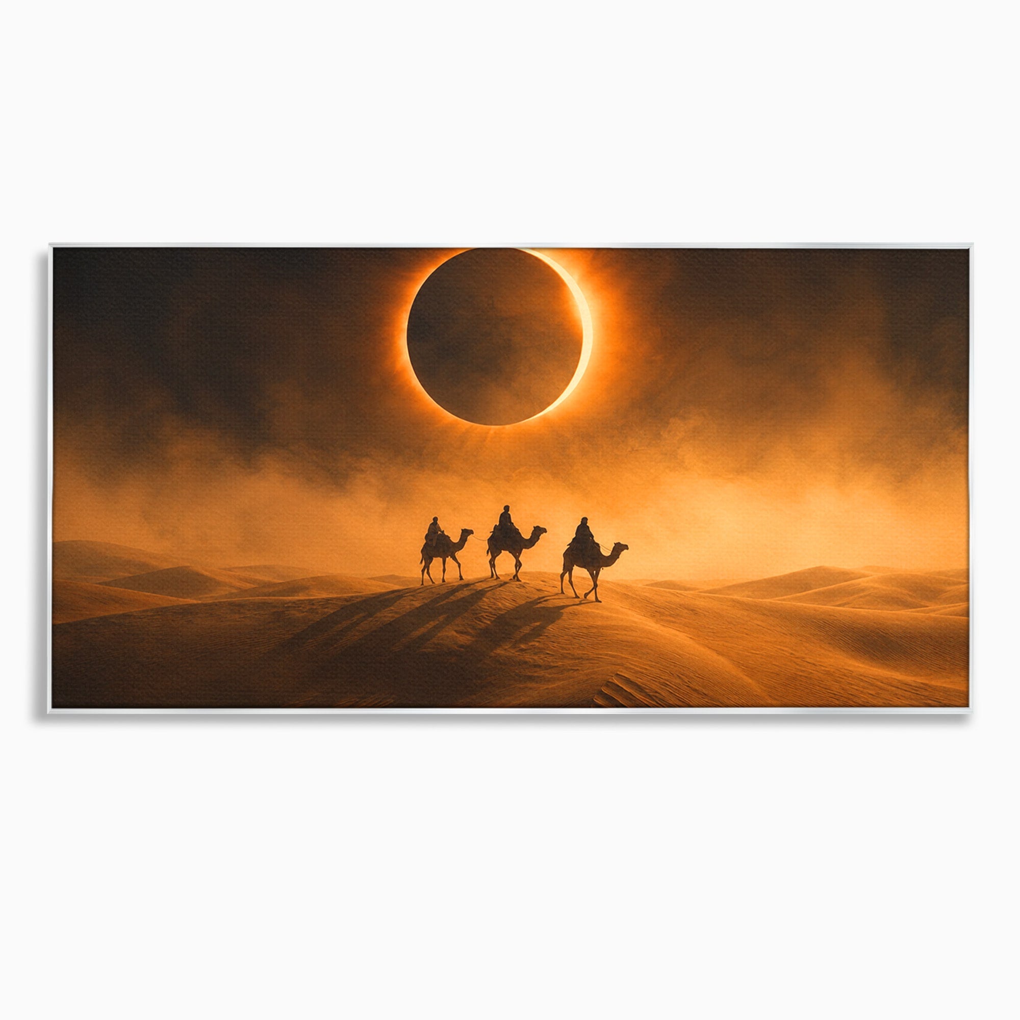 Tablou Canvas Premium LuxCanva® T1047, Caravana Sub Eclipsa, Desert, Eclipsa, Caravana, Peisaj, Living, Culori Vibrante
