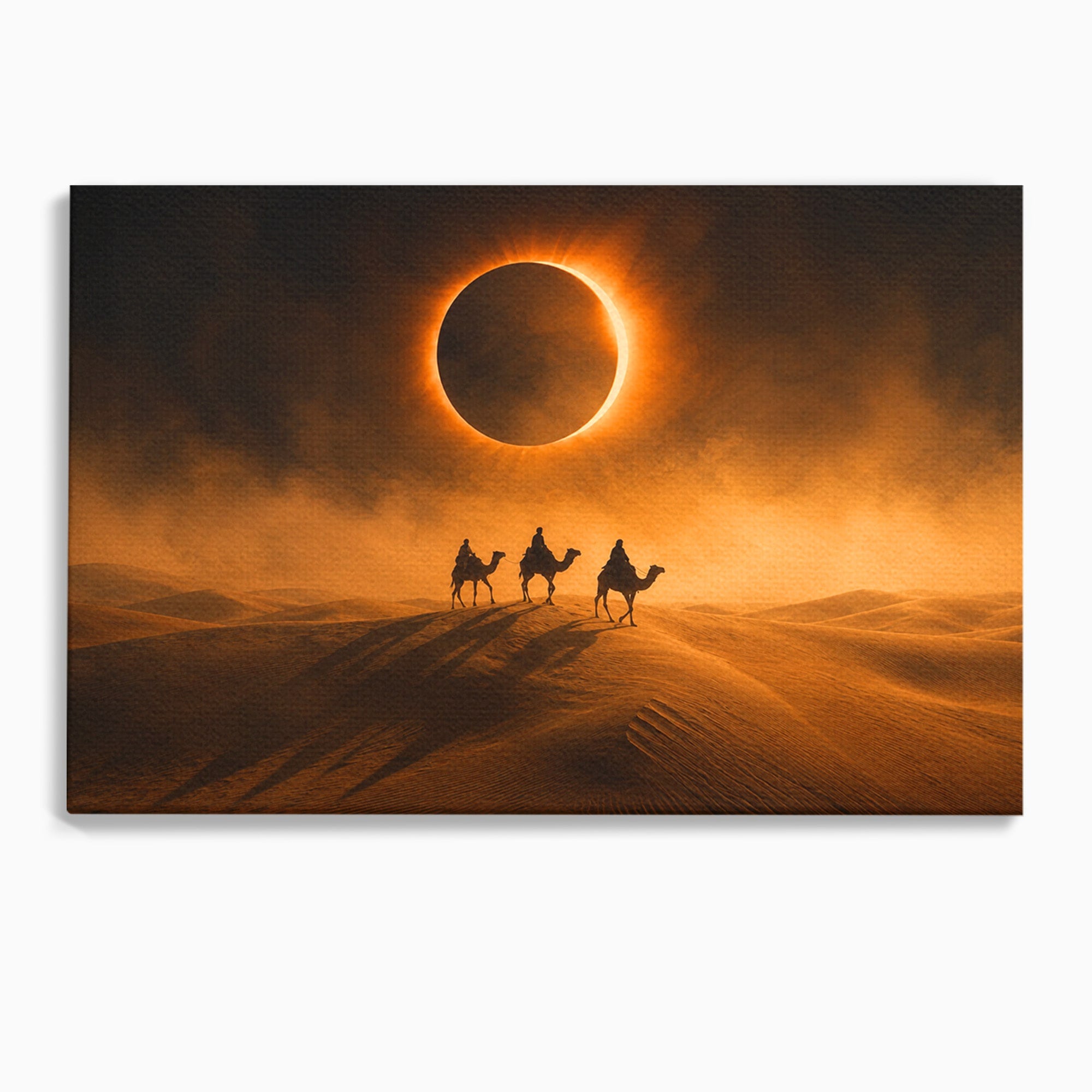 Tablou Canvas Premium LuxCanva® T1047, Caravana Sub Eclipsa, Desert, Eclipsa, Caravana, Peisaj, Living, Culori Vibrante