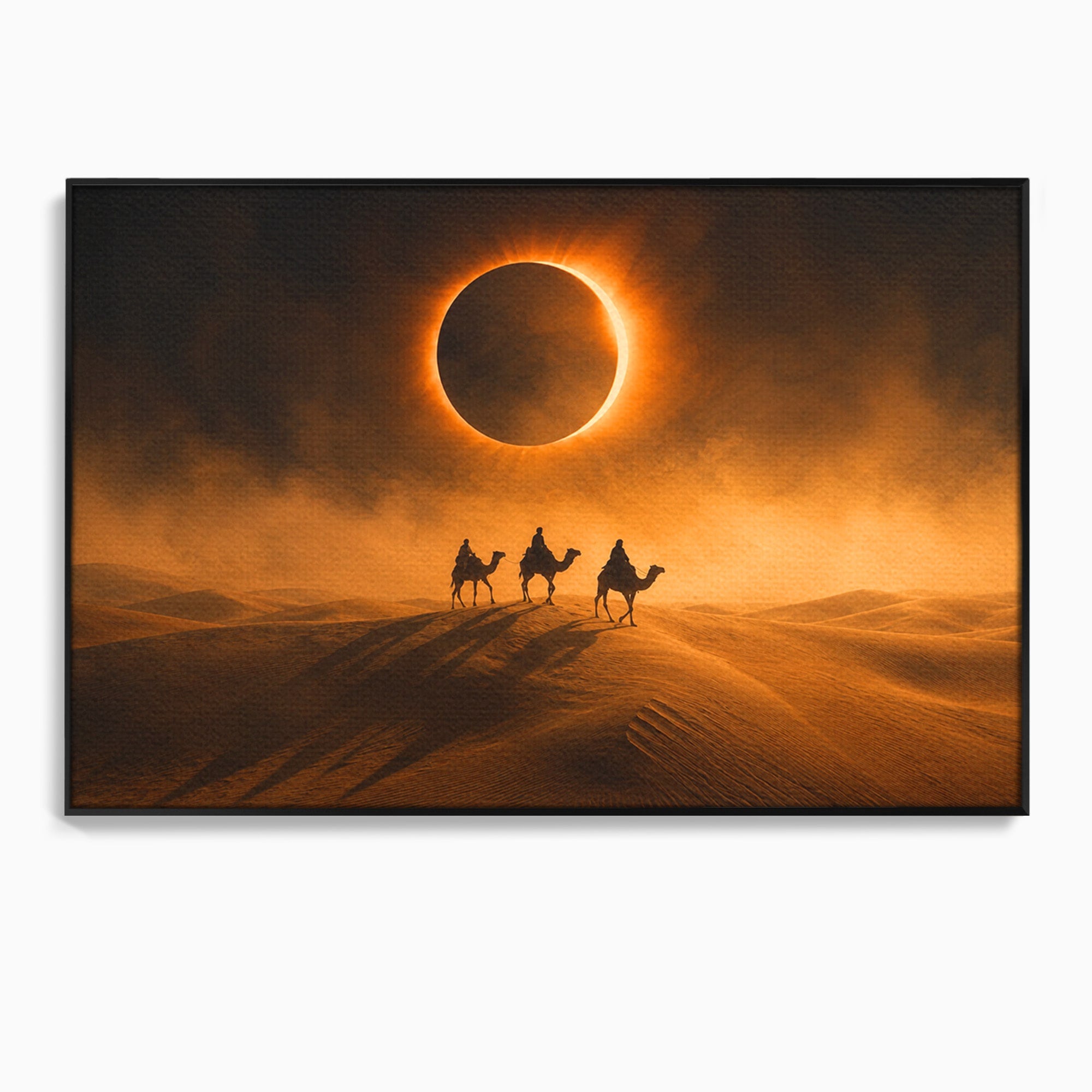 Tablou Canvas Premium LuxCanva® T1047, Caravana Sub Eclipsa, Desert, Eclipsa, Caravana, Peisaj, Living, Culori Vibrante