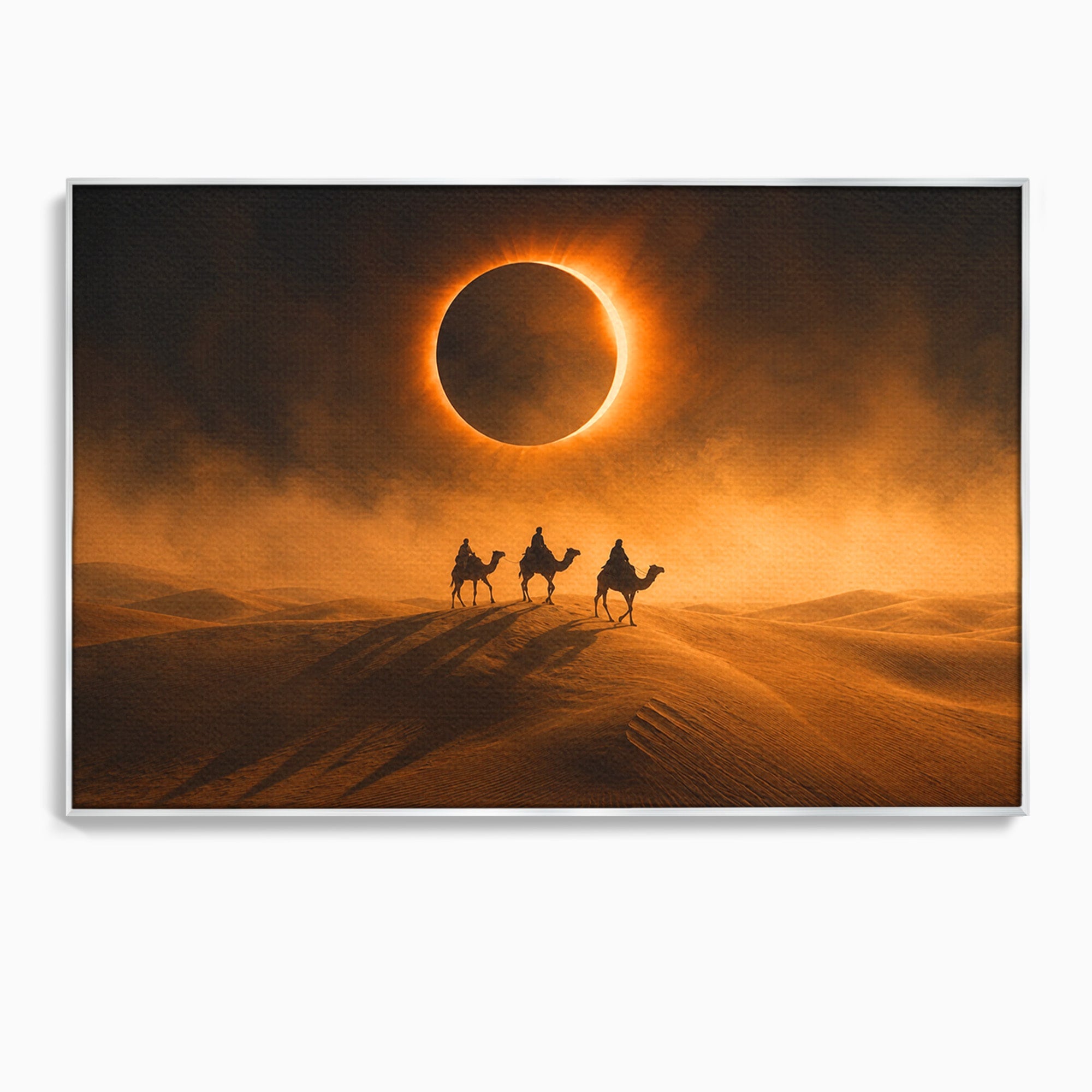Tablou Canvas Premium LuxCanva® T1047, Caravana Sub Eclipsa, Desert, Eclipsa, Caravana, Peisaj, Living, Culori Vibrante