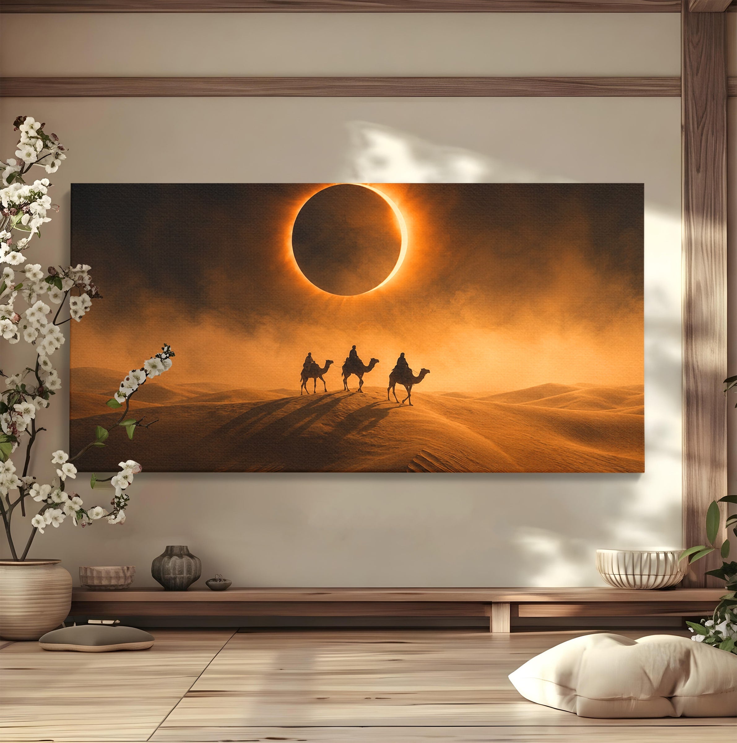 Tablou Canvas Premium LuxCanva® T1047, Caravana Sub Eclipsa, Desert, Eclipsa, Caravana, Peisaj, Living, Culori Vibrante